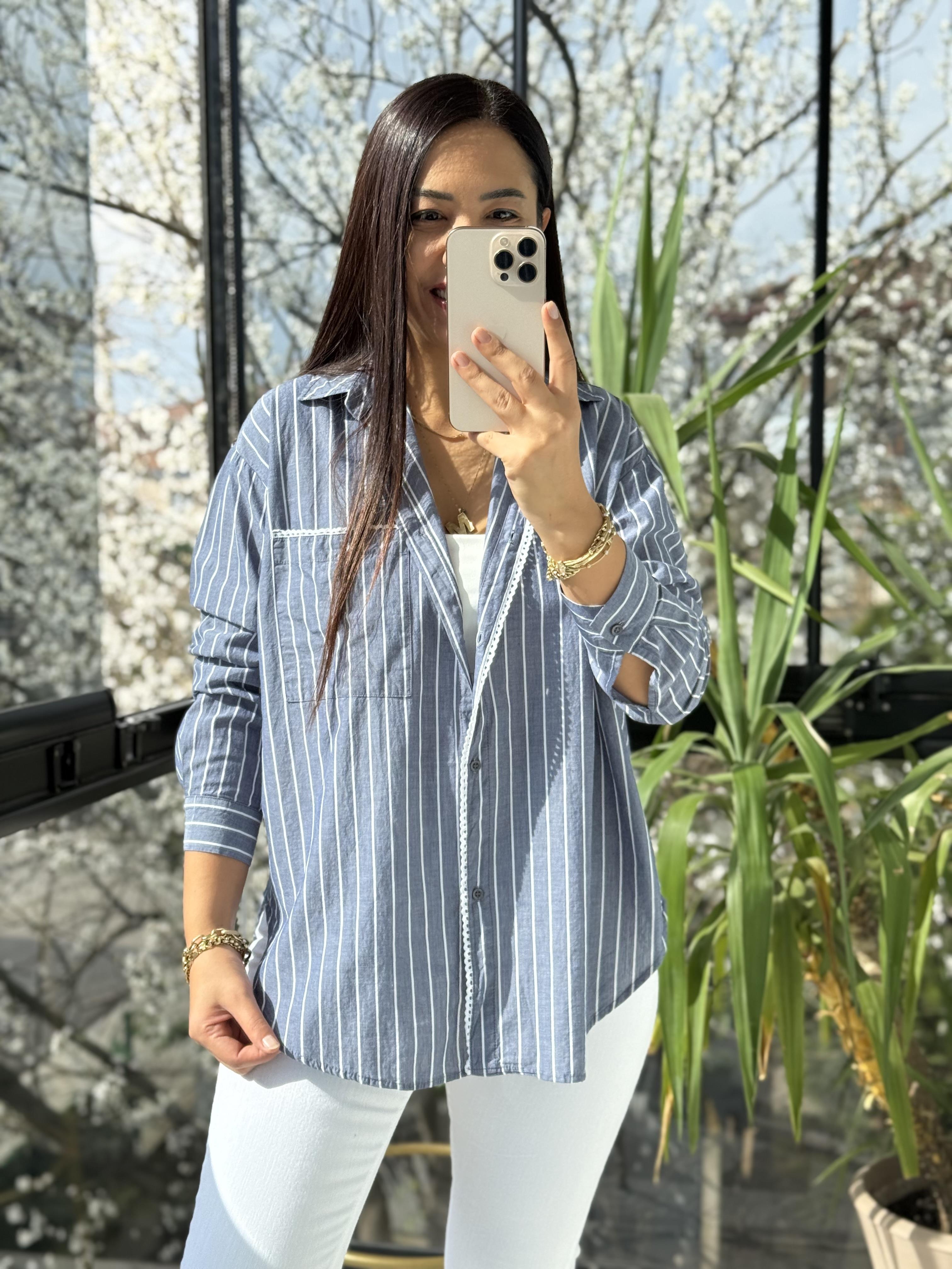 Motif Çizgili Cepli Gömlek Lacivert