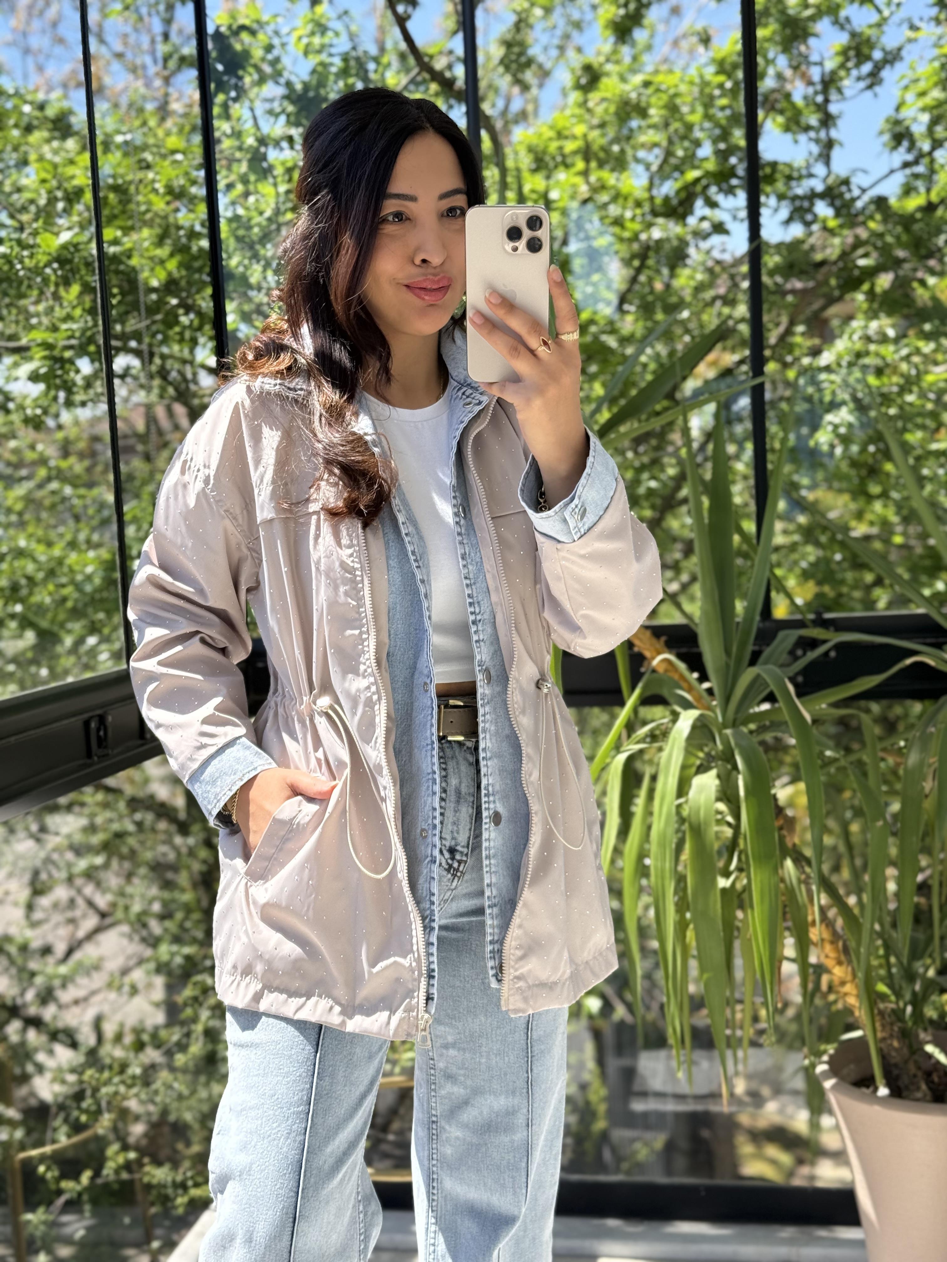 Glitiery Denim Mix Ceket Açık Bej