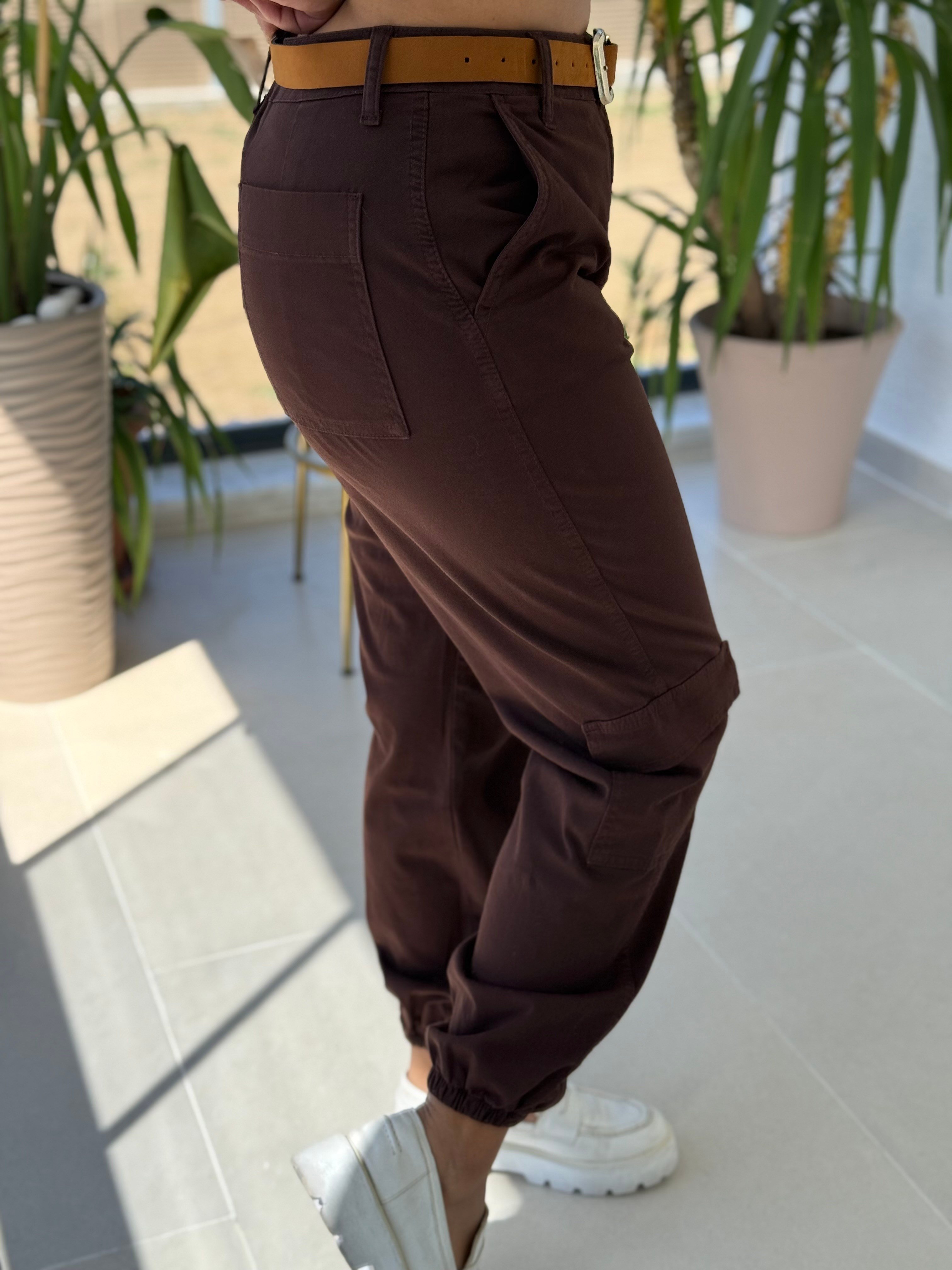 Paçası Lastikli Kargo Pantolon Kahve 