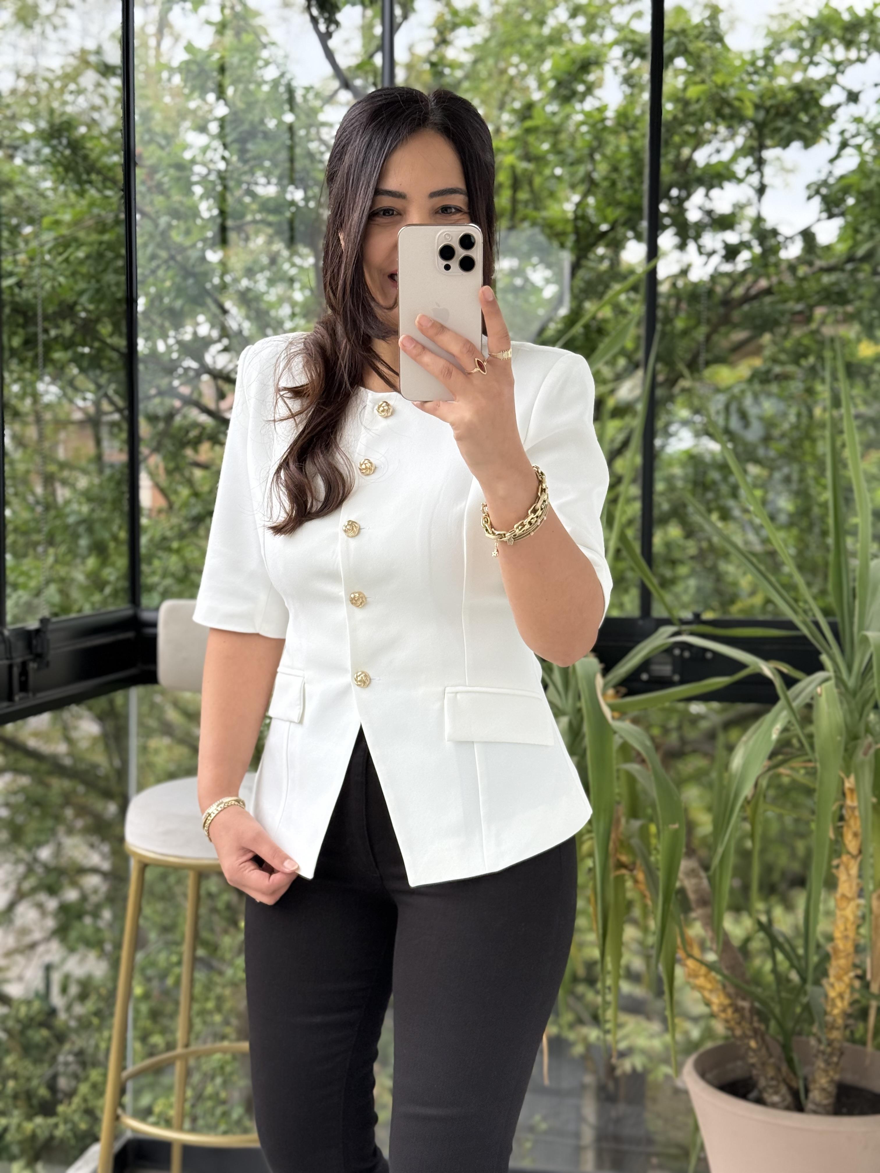 Slimfit Mini Gold Düğme Kısa Kol Blazer Beyaz