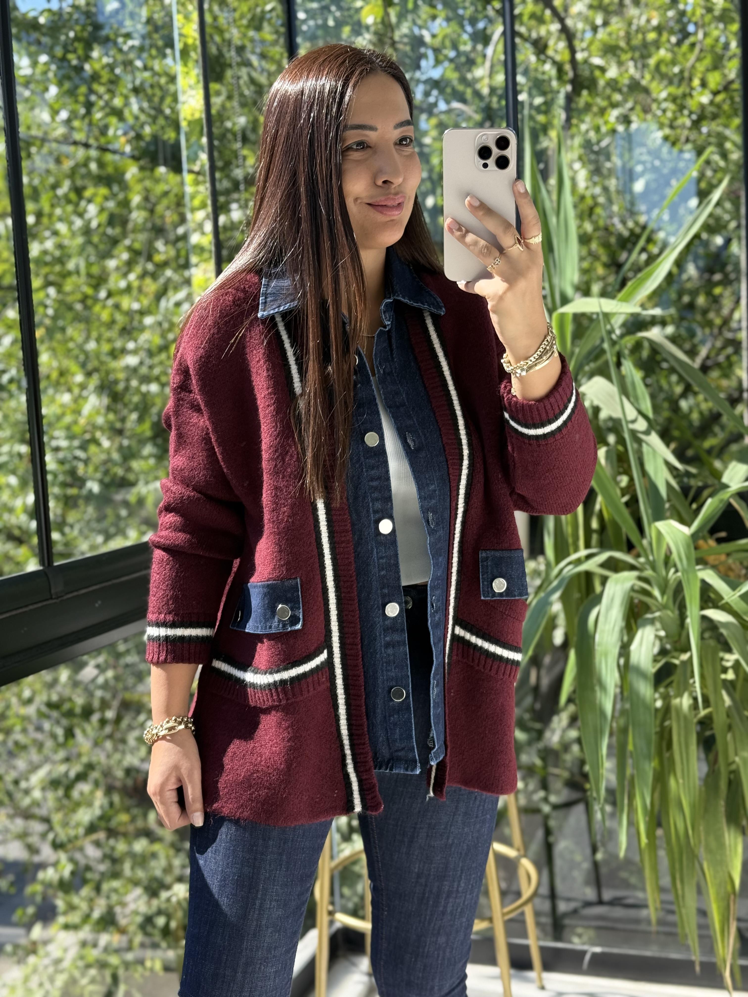 Angora Hırka Kot Detaylı Bordo