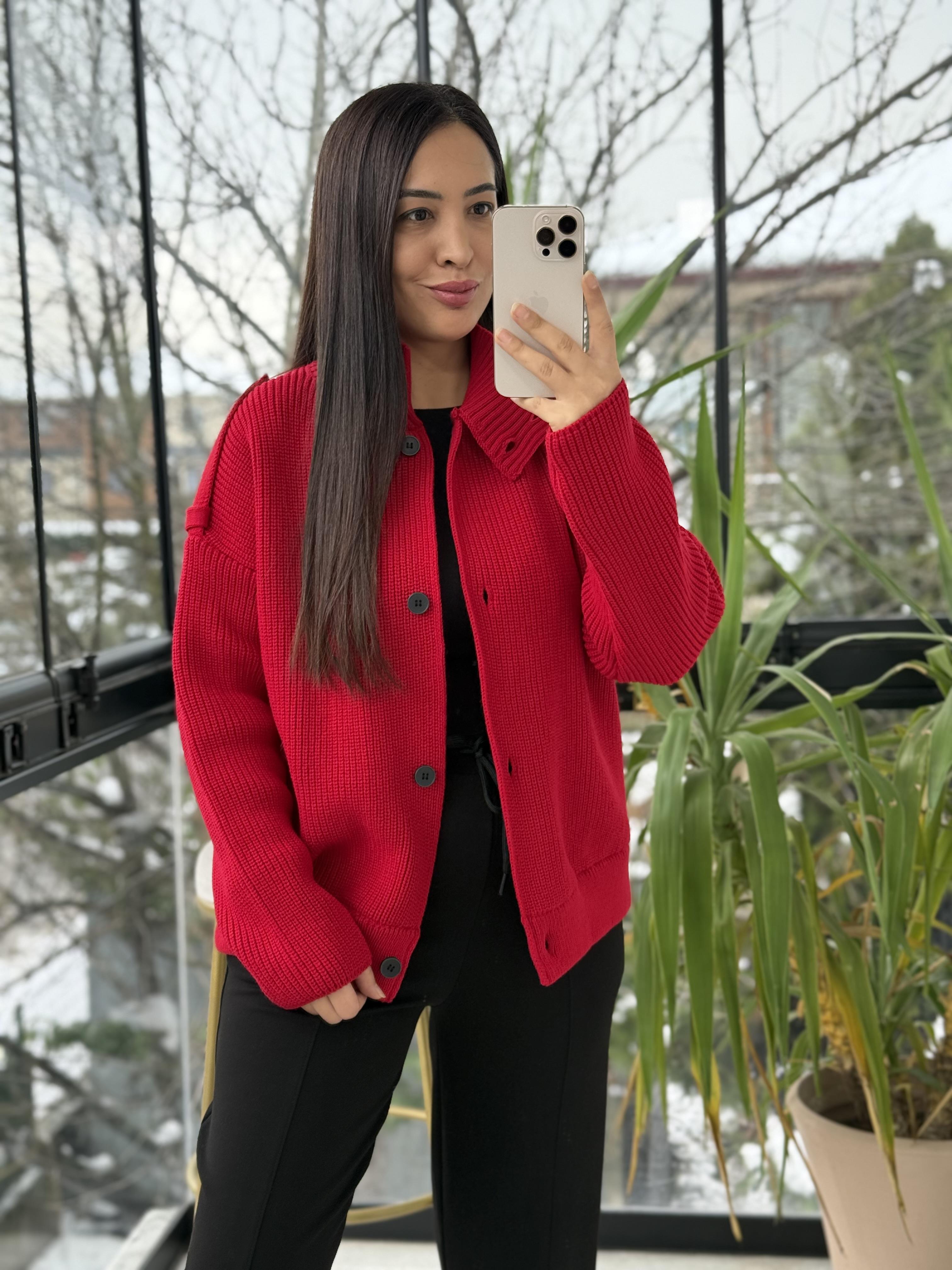 Düğmeli Selanik Örgü Ceket Hırka Kırmızı
