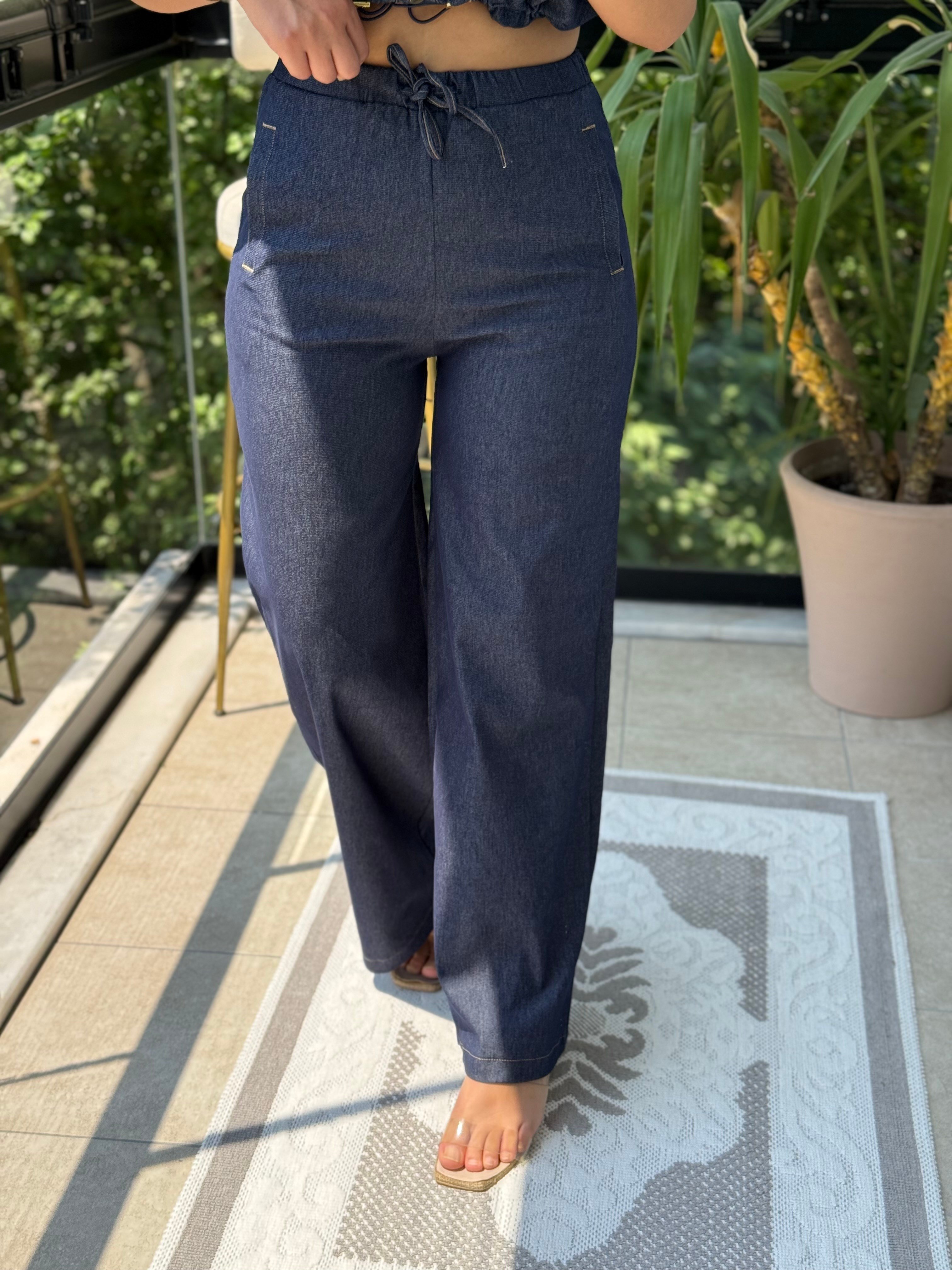 Lastikli Denim Pantolon Mavi