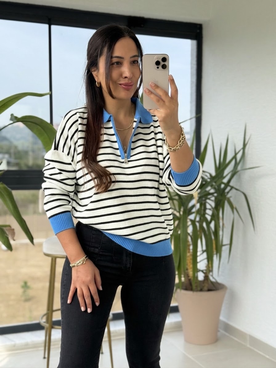Polo Yaka Çizgili Renk Detaylı Sweatshirt Mavi