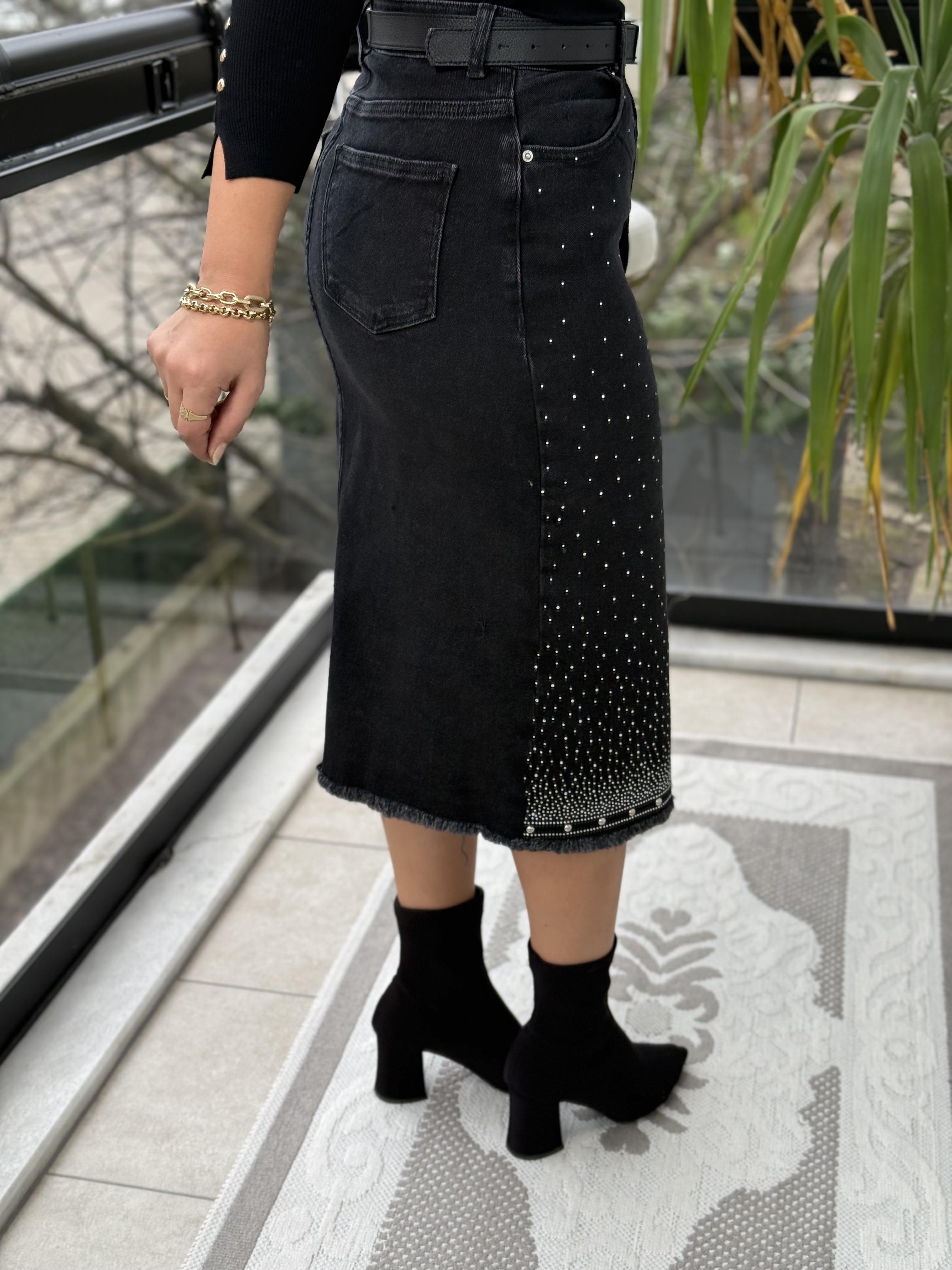 Taşlı Orta Boy Kot Etek Füme