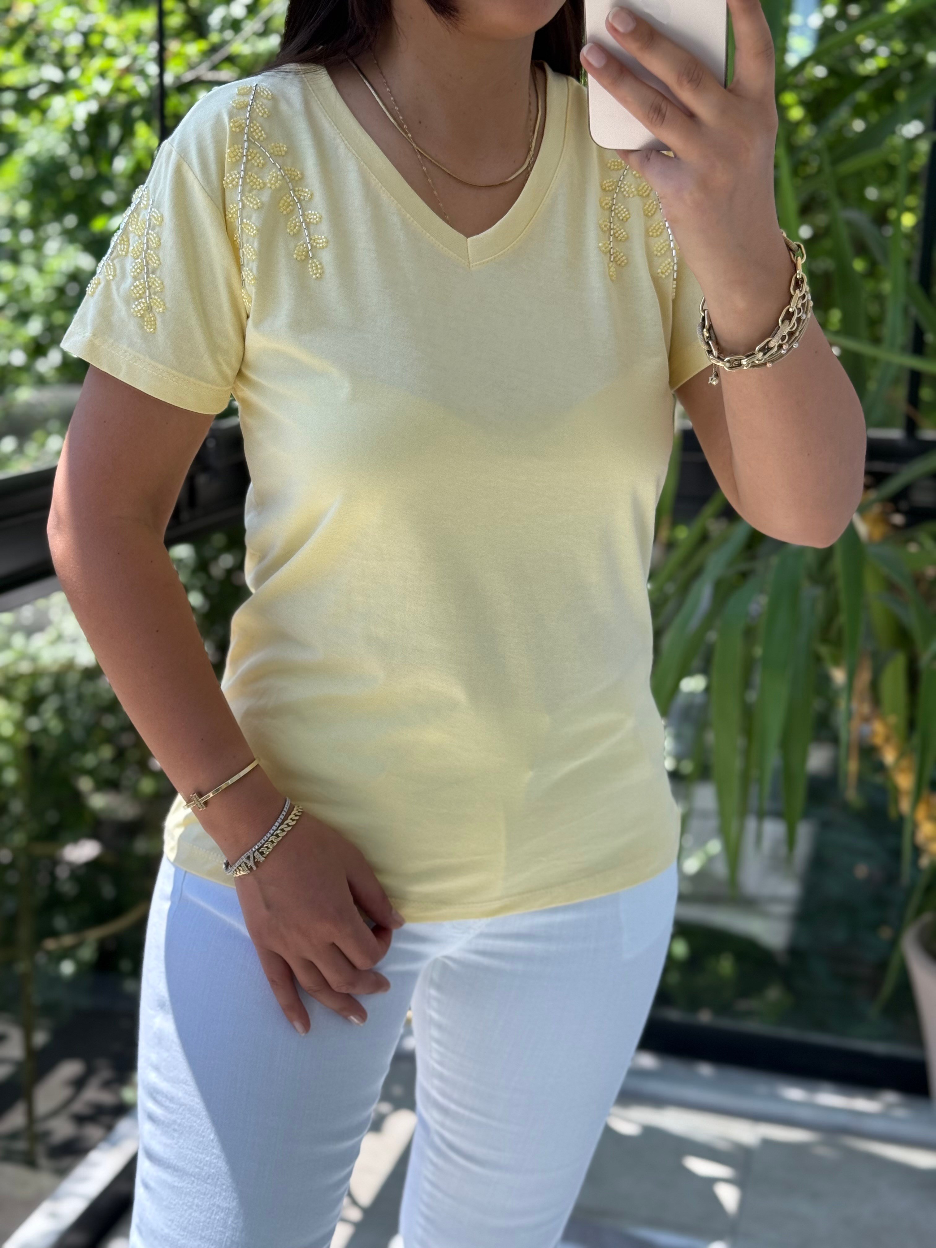 Flora Boncuk Detaylı Tişört Sarı
