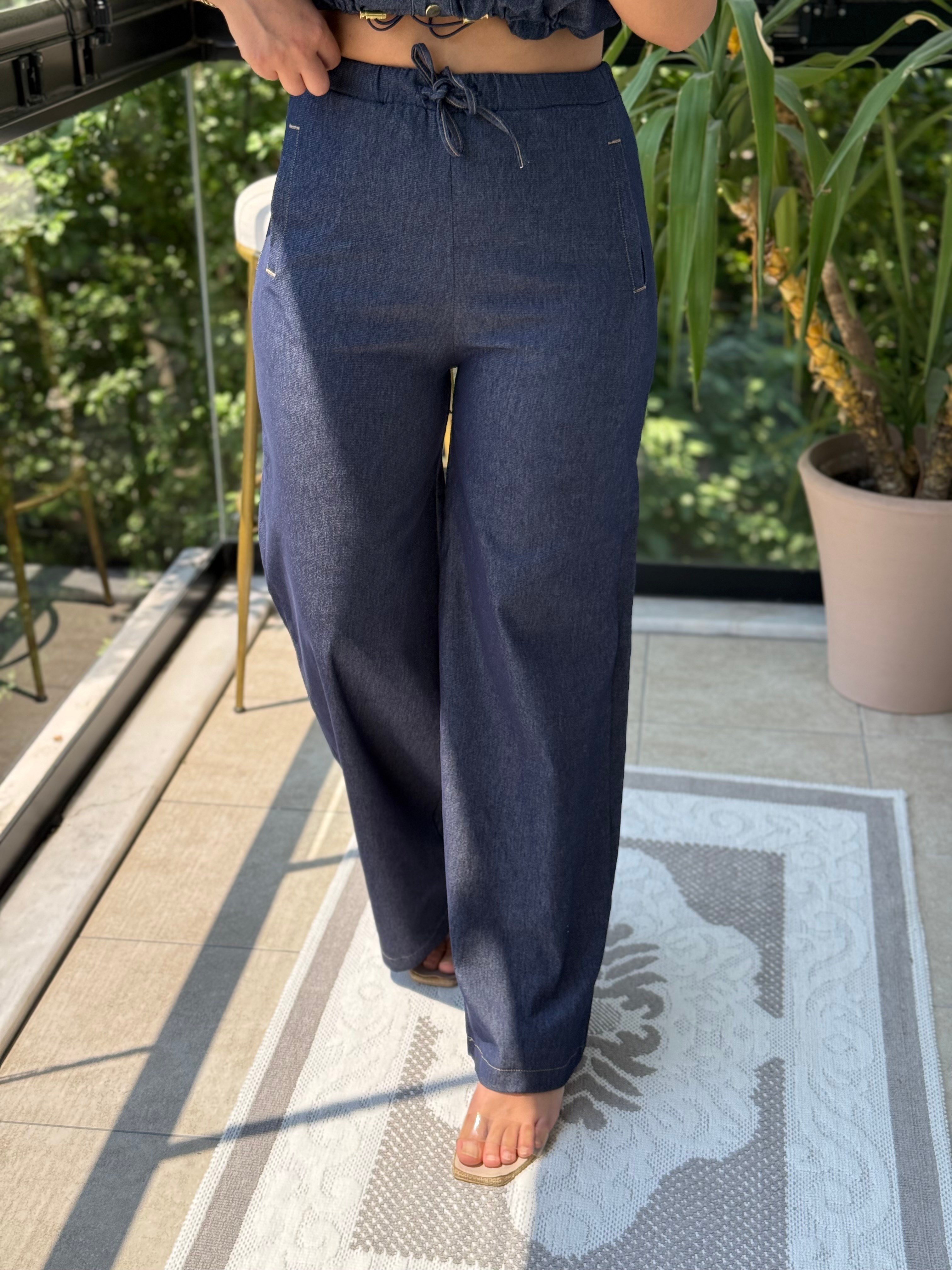 Lastikli Denim Pantolon Mavi