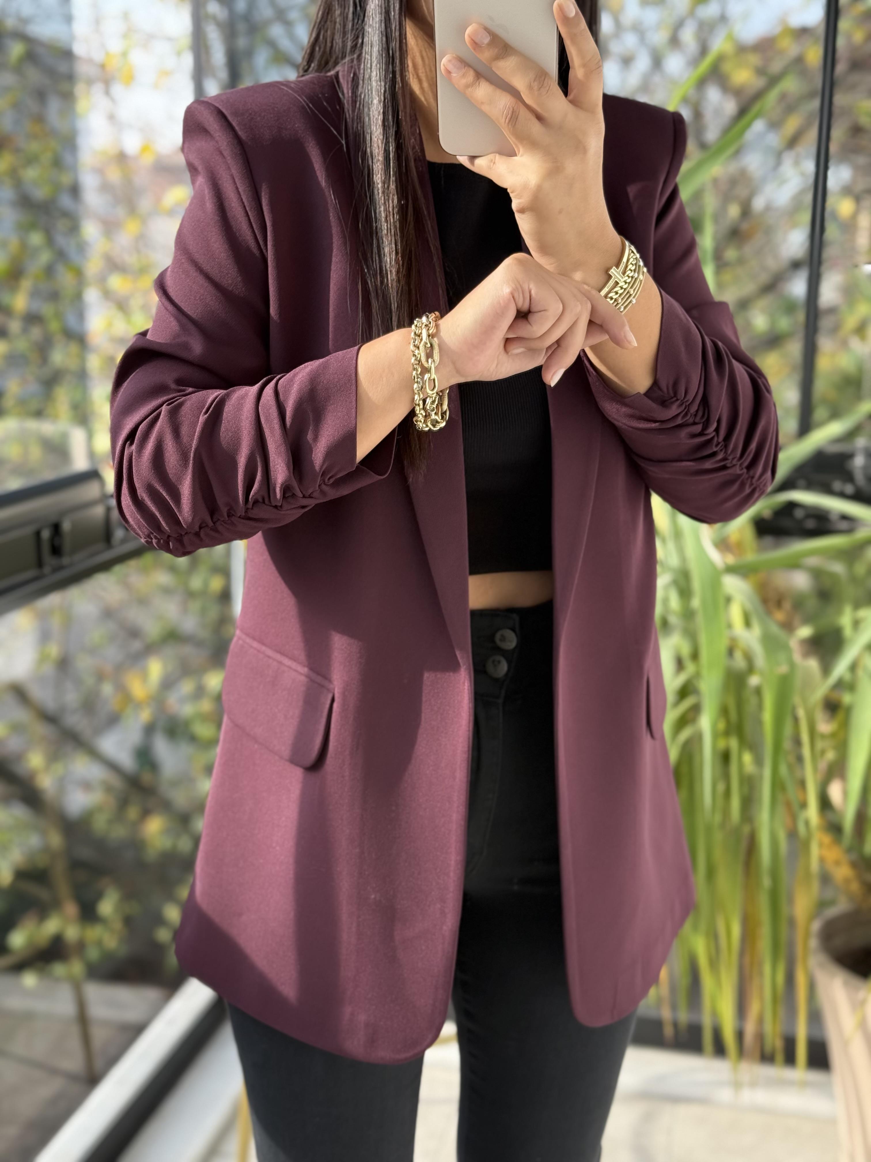 Kolu Büzgülü Blazer Ceket Mürdüm