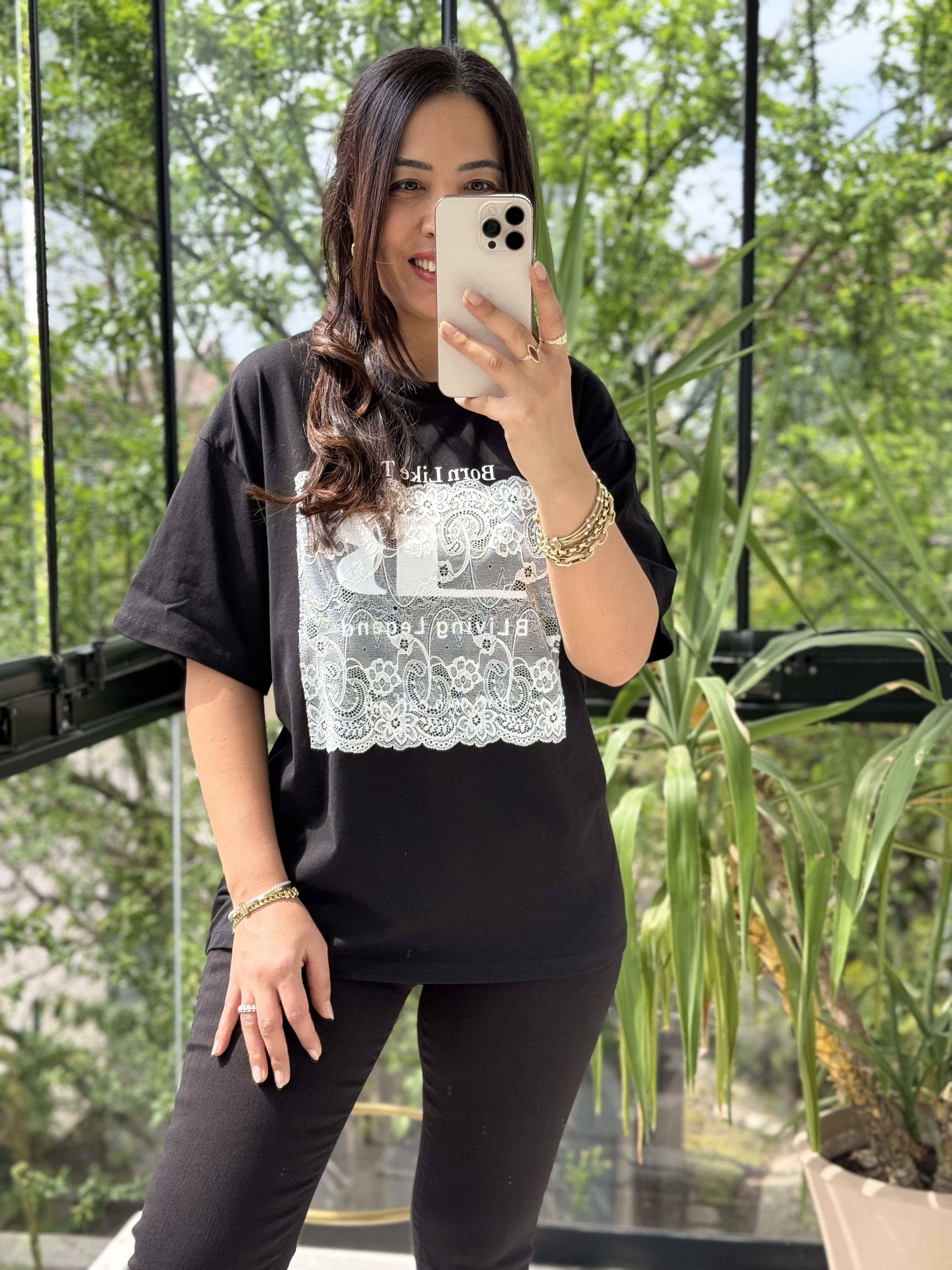 Tül Detaylı Yazılı Tişört Siyah