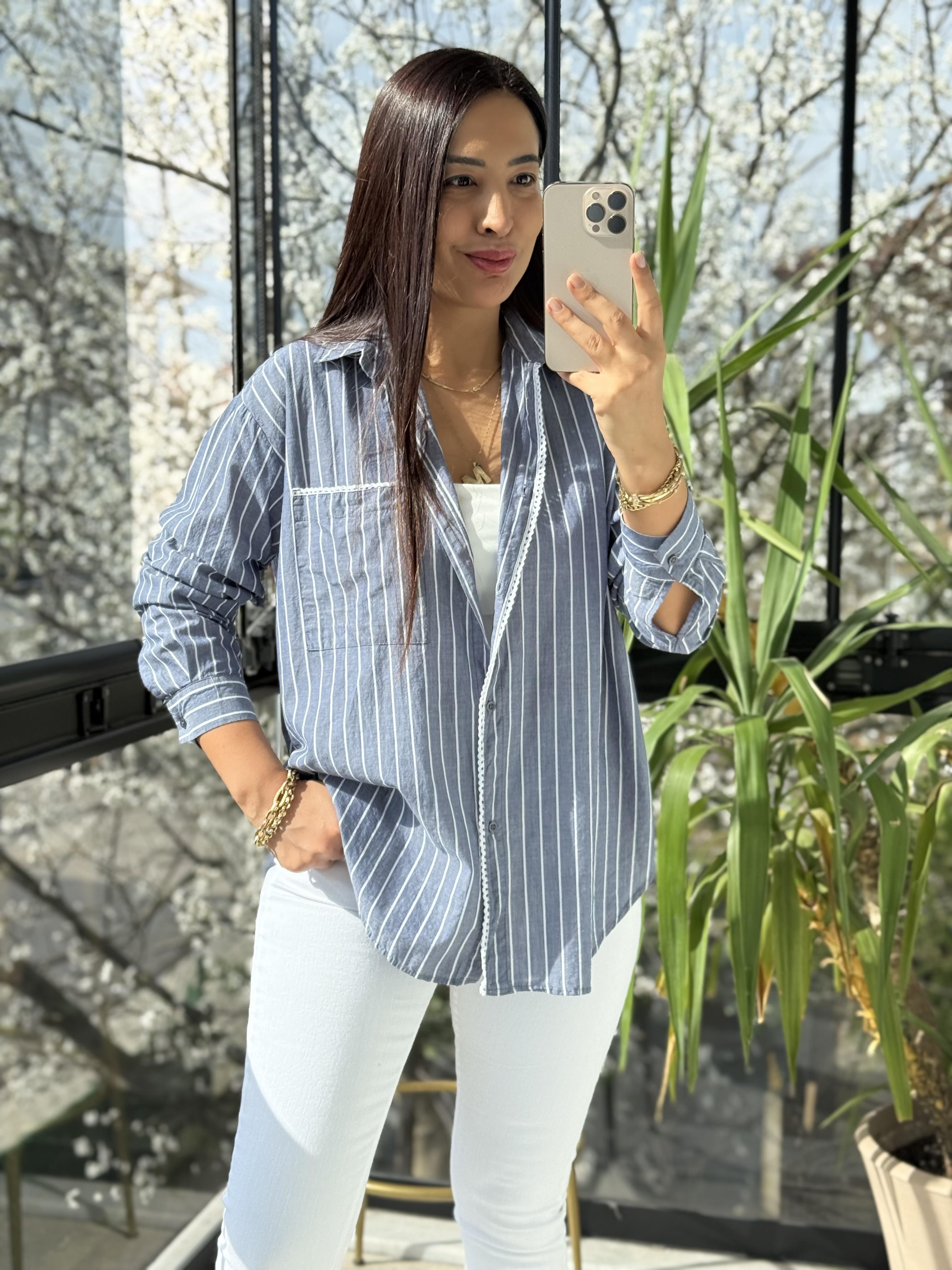 Motif Çizgili Cepli Gömlek Lacivert