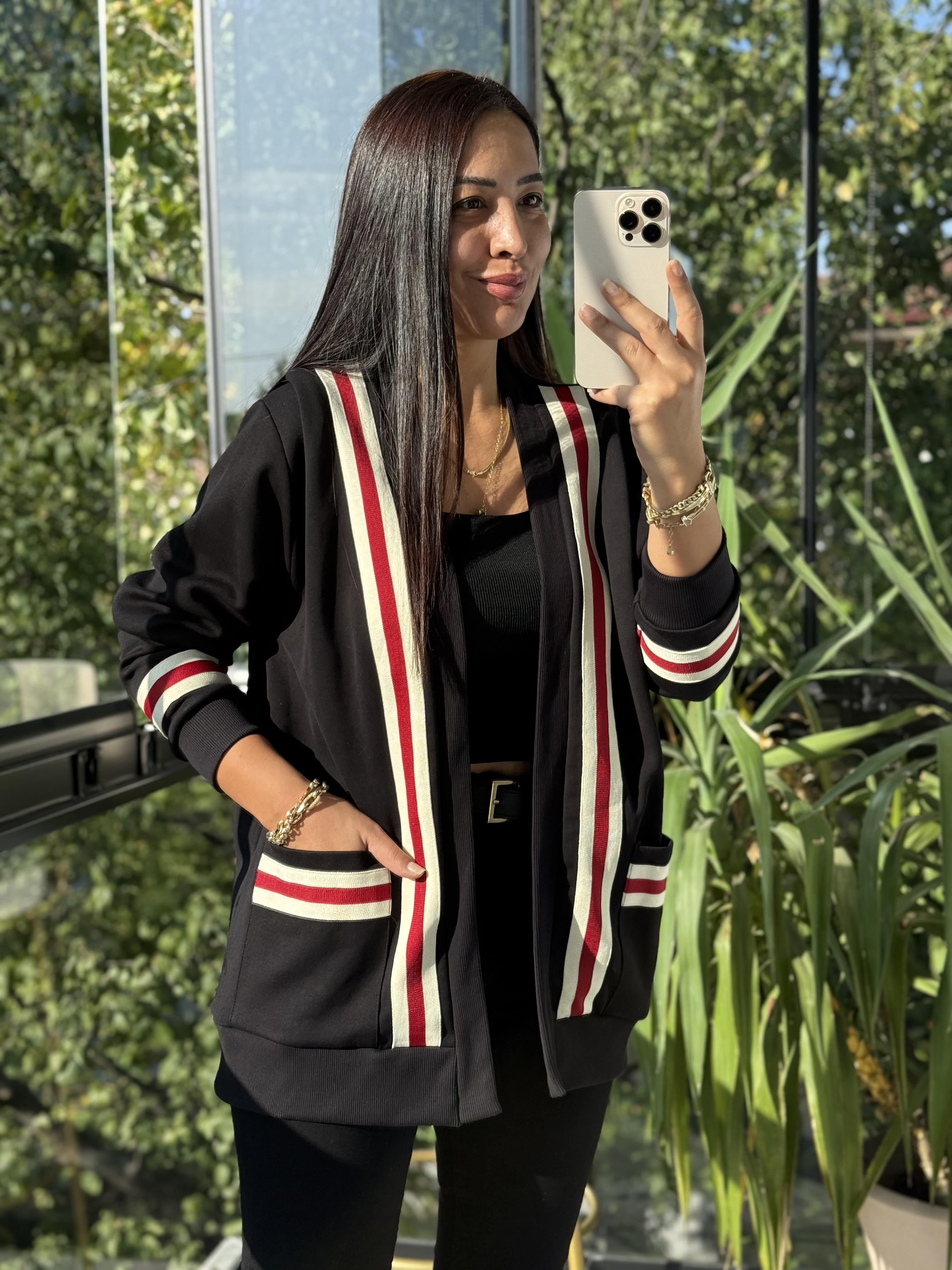 Tiktak Şeritli İnterlok Hırka Siyah