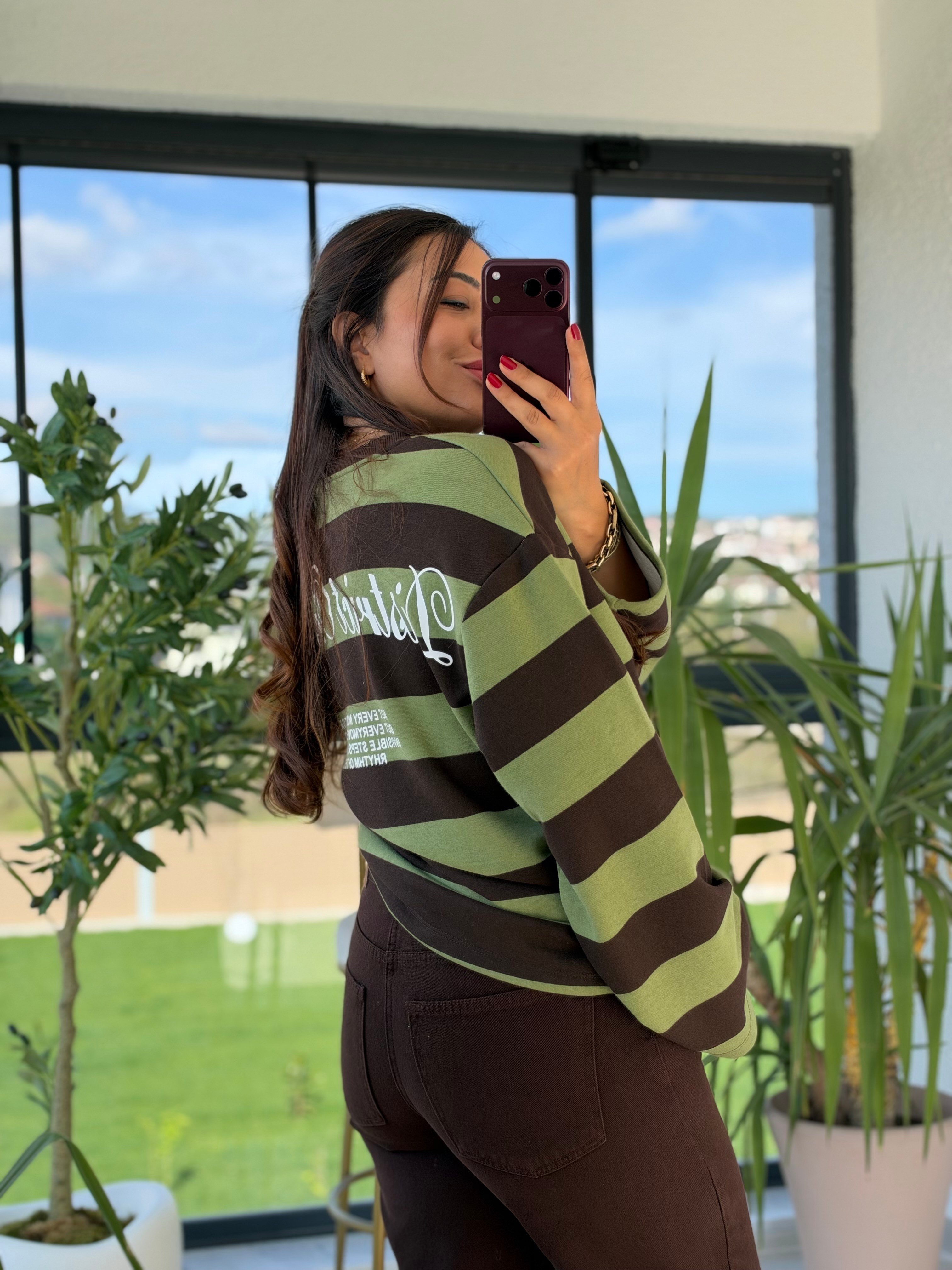 District Yazılı Çizgili Sweatshirtt Yeşil
