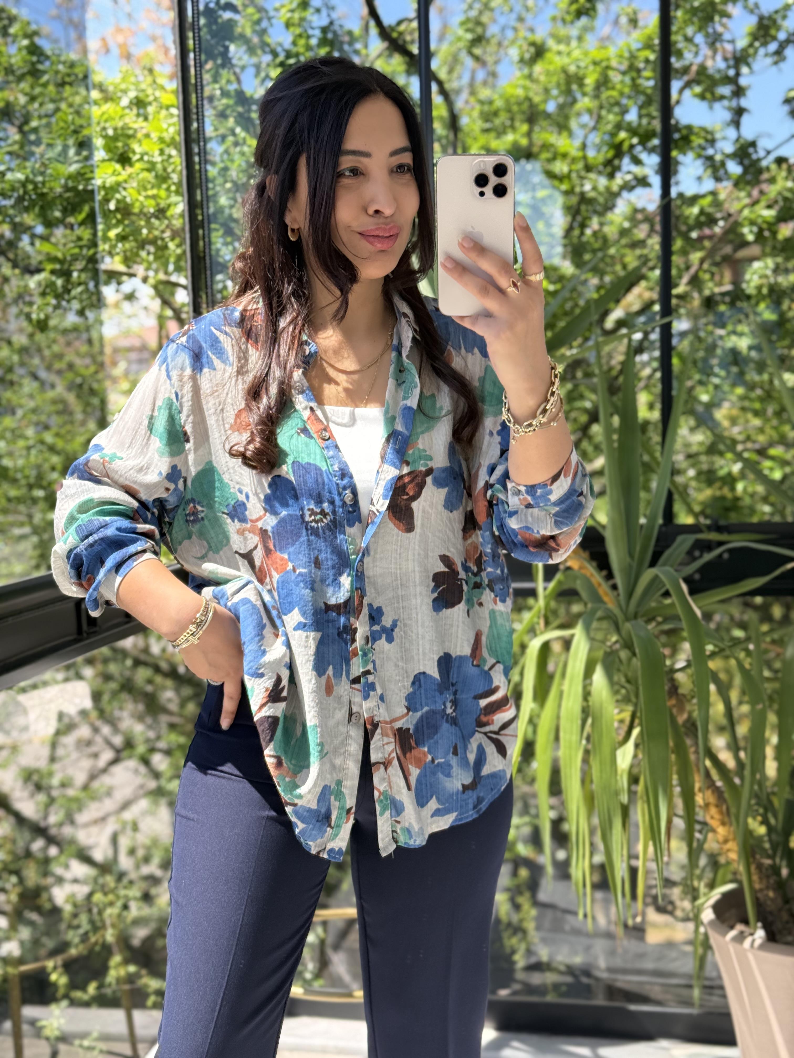 Renk Desenli Gömlek Turkuaz