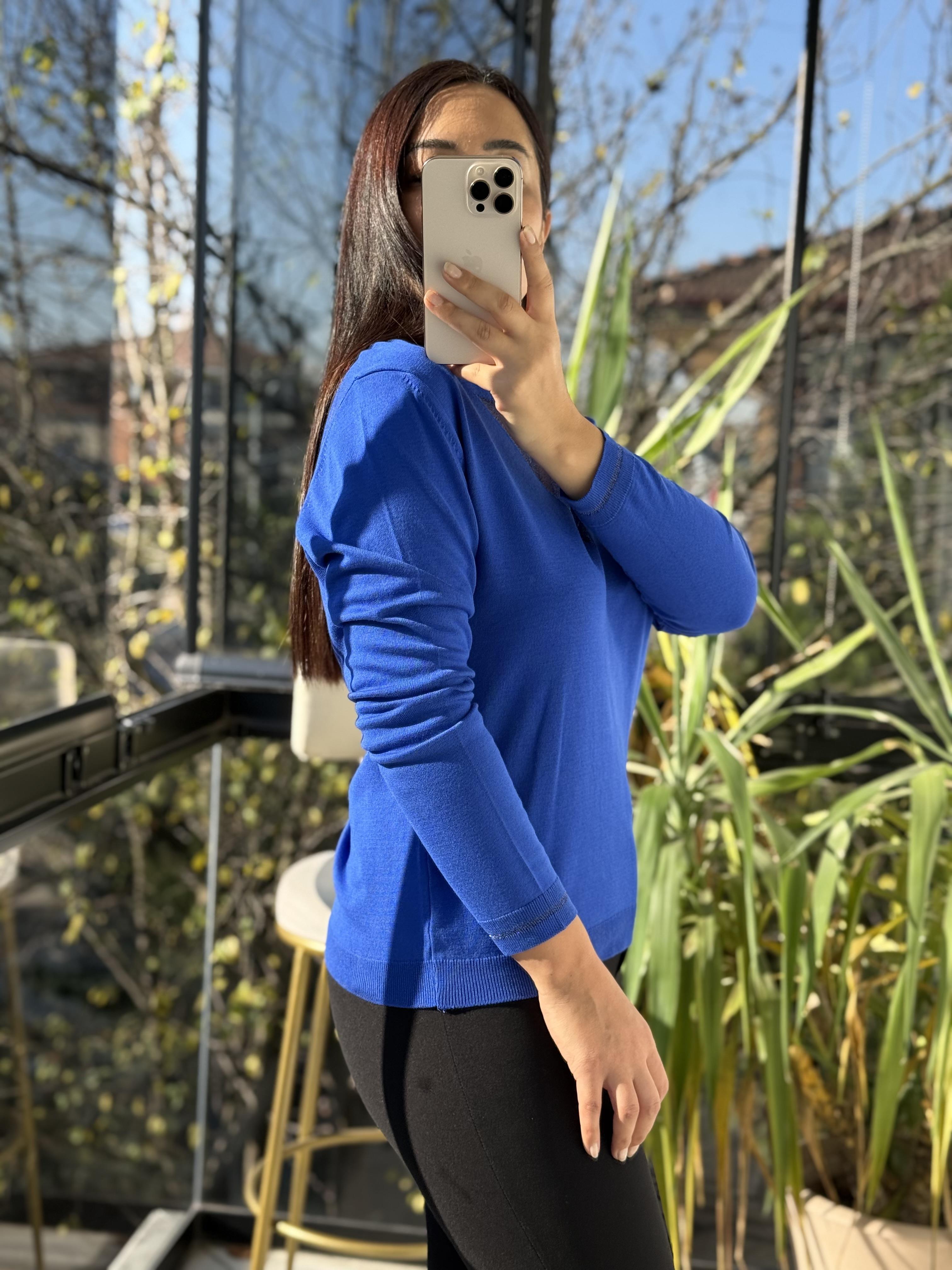 Tül Yaka Detaylı Merserize Triko Saks Mavi