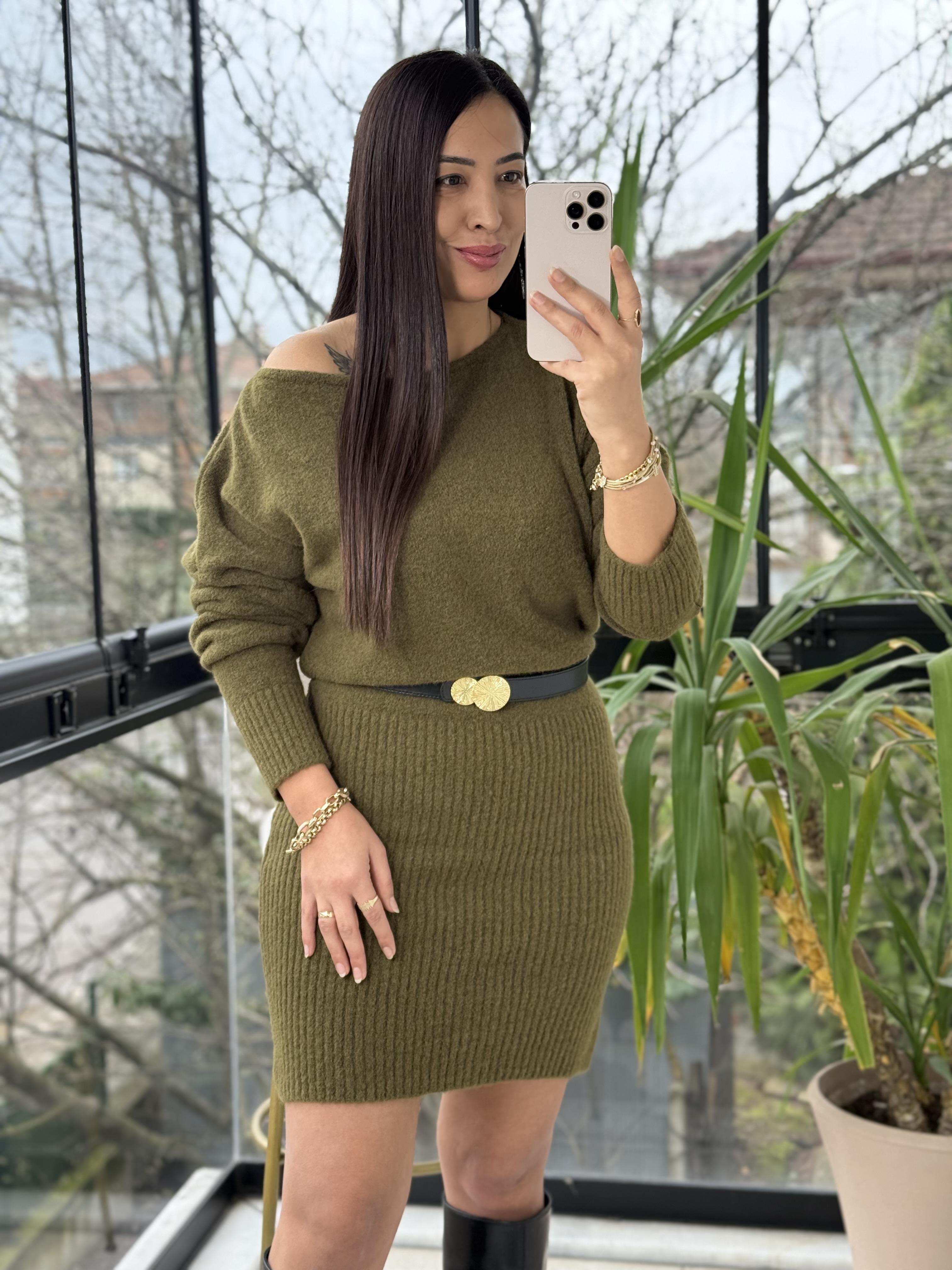 Kısa Kazak Elbise Haki Yeşili