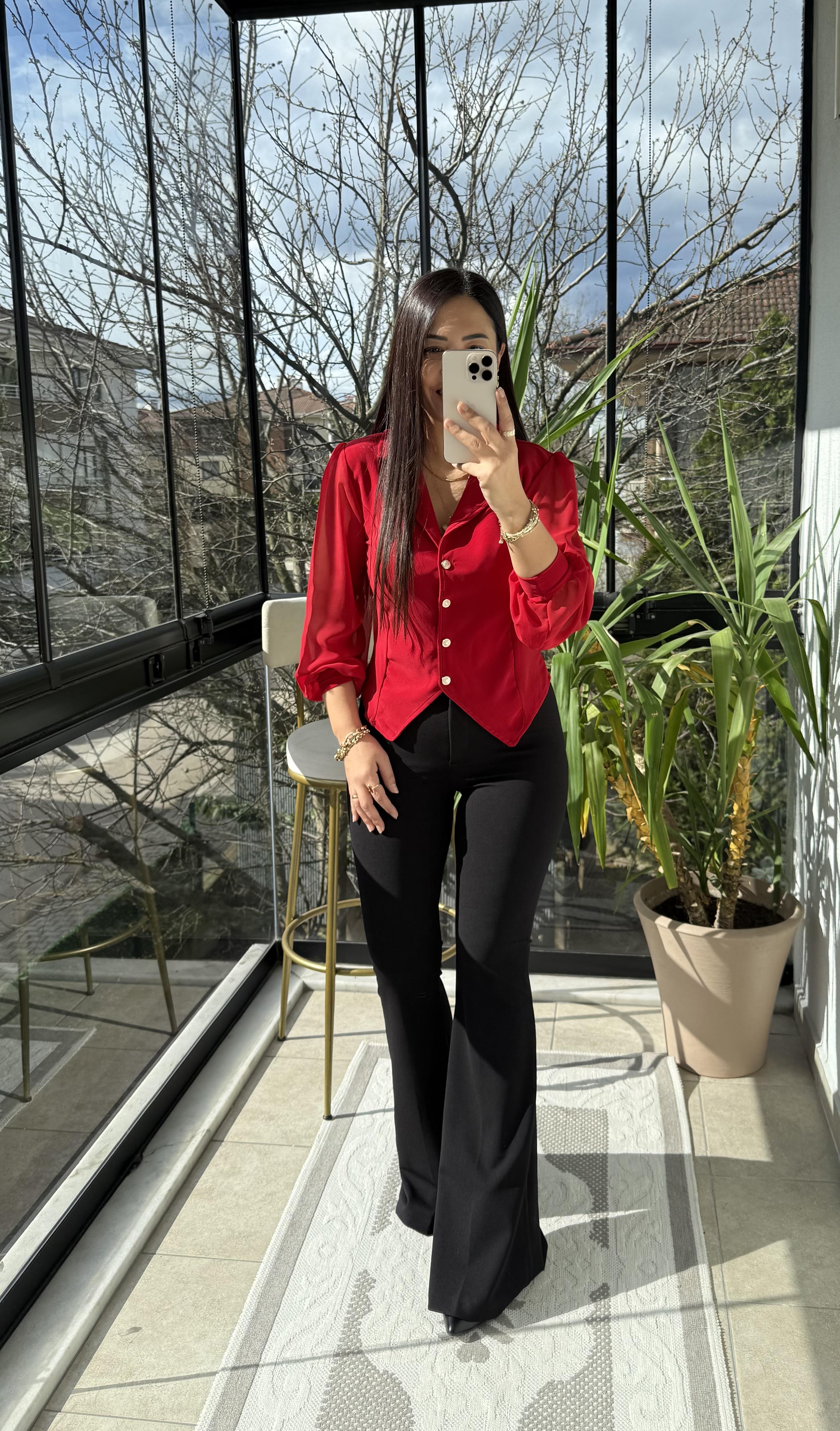 Kolları Tül Detaylı Bluz Kırmızı