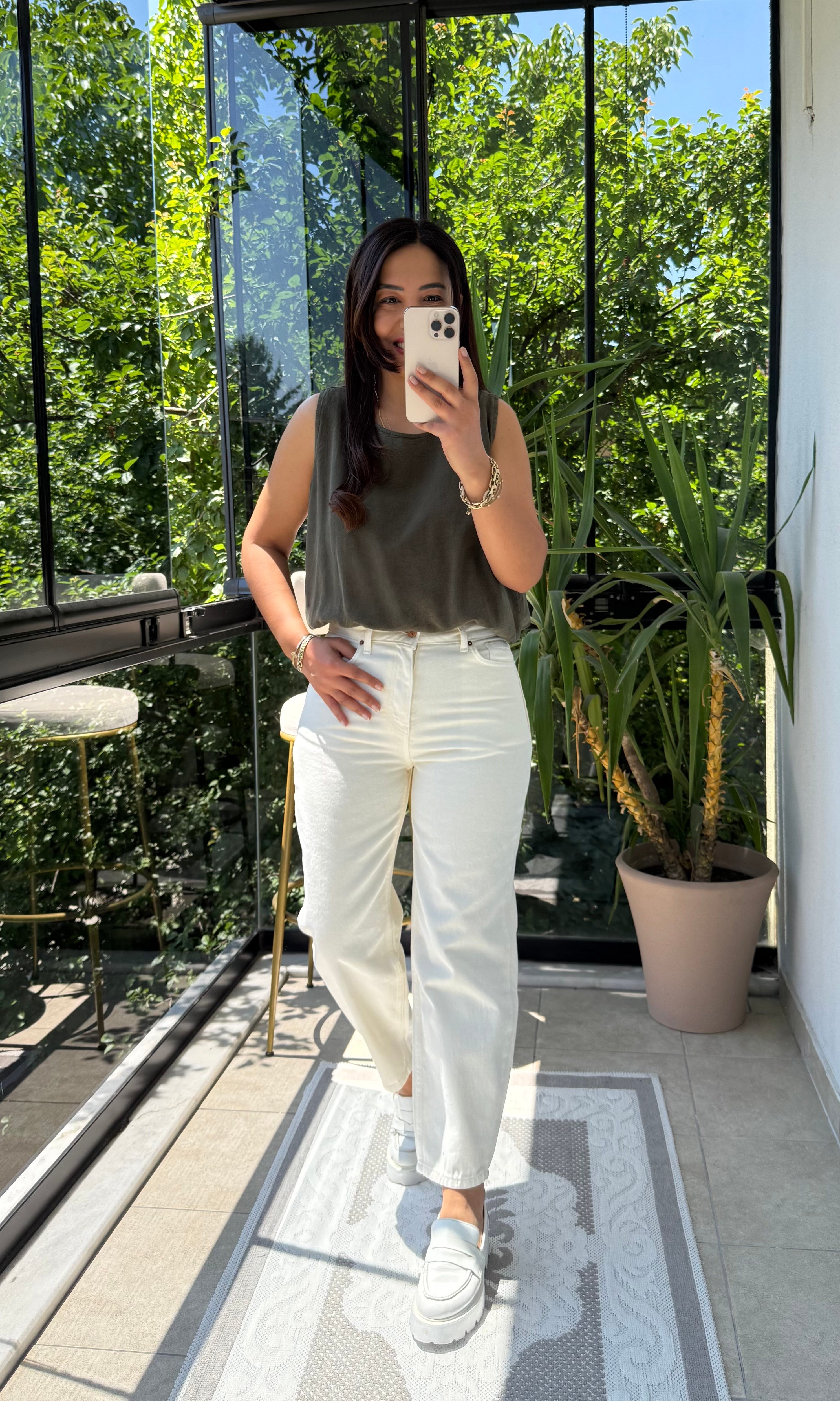 Likrasız Mom Fit Jean Krem