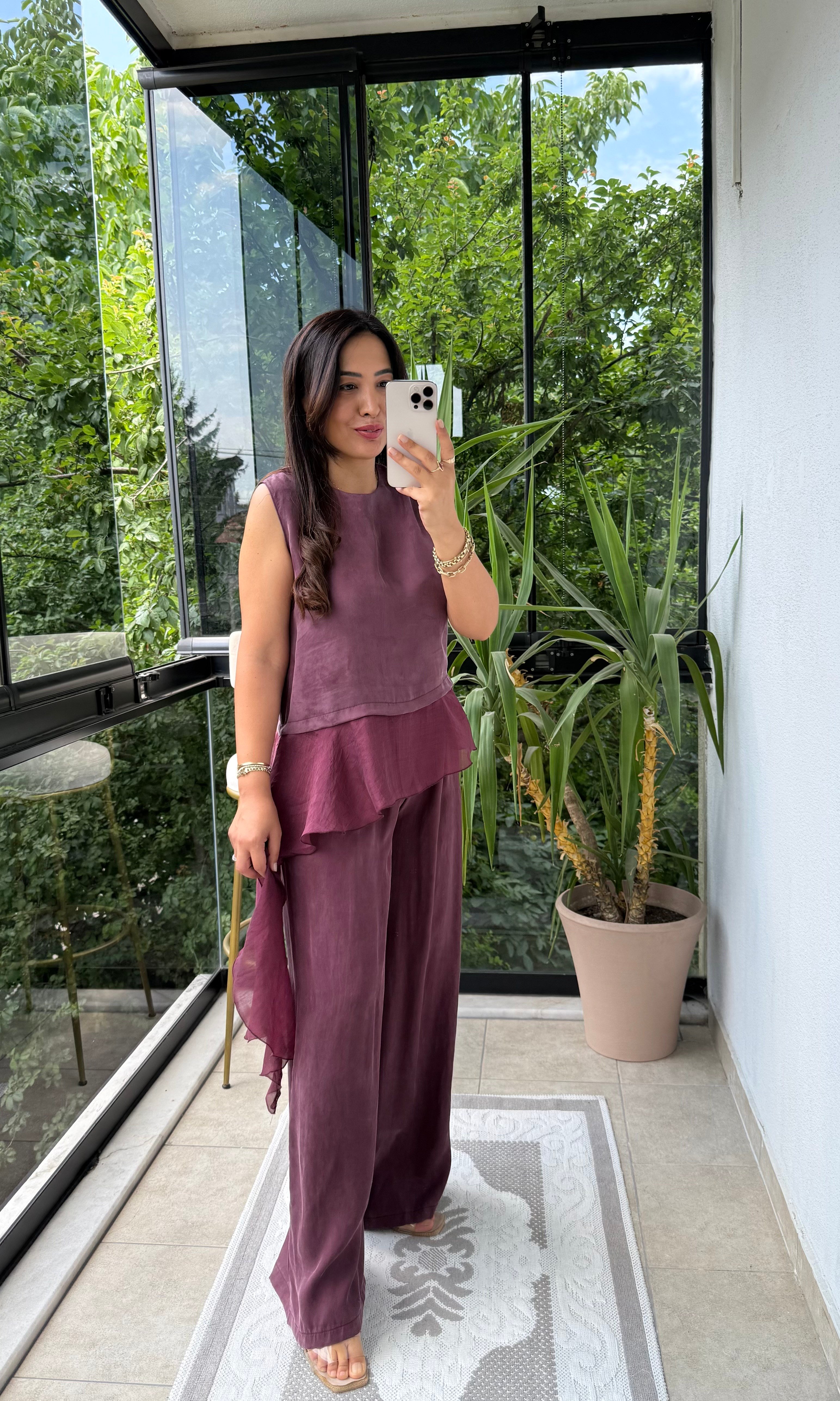 Asimetrik Detaylı Dökümlü Takım Mürdüm