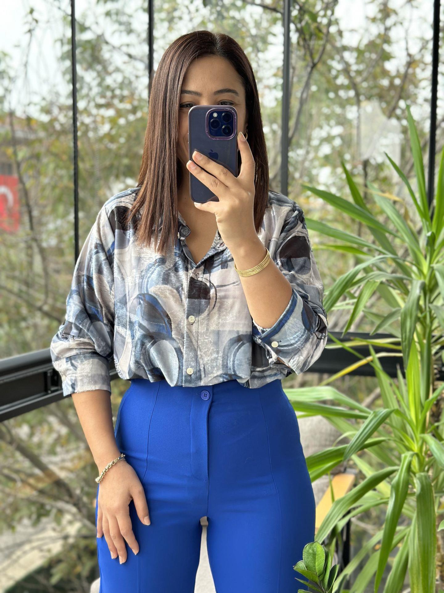 Desenli Saten Gömlek Mavi