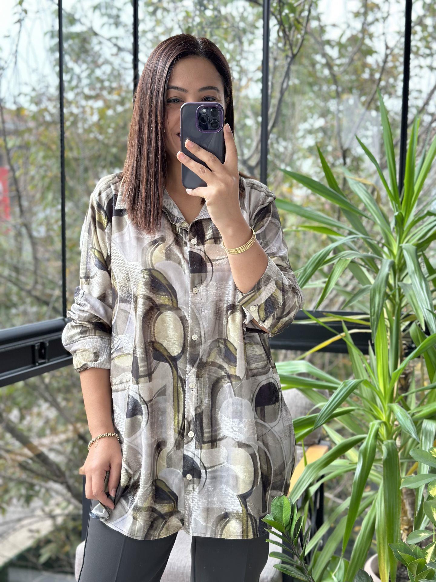 Desenli Saten Gömlek Yeşil