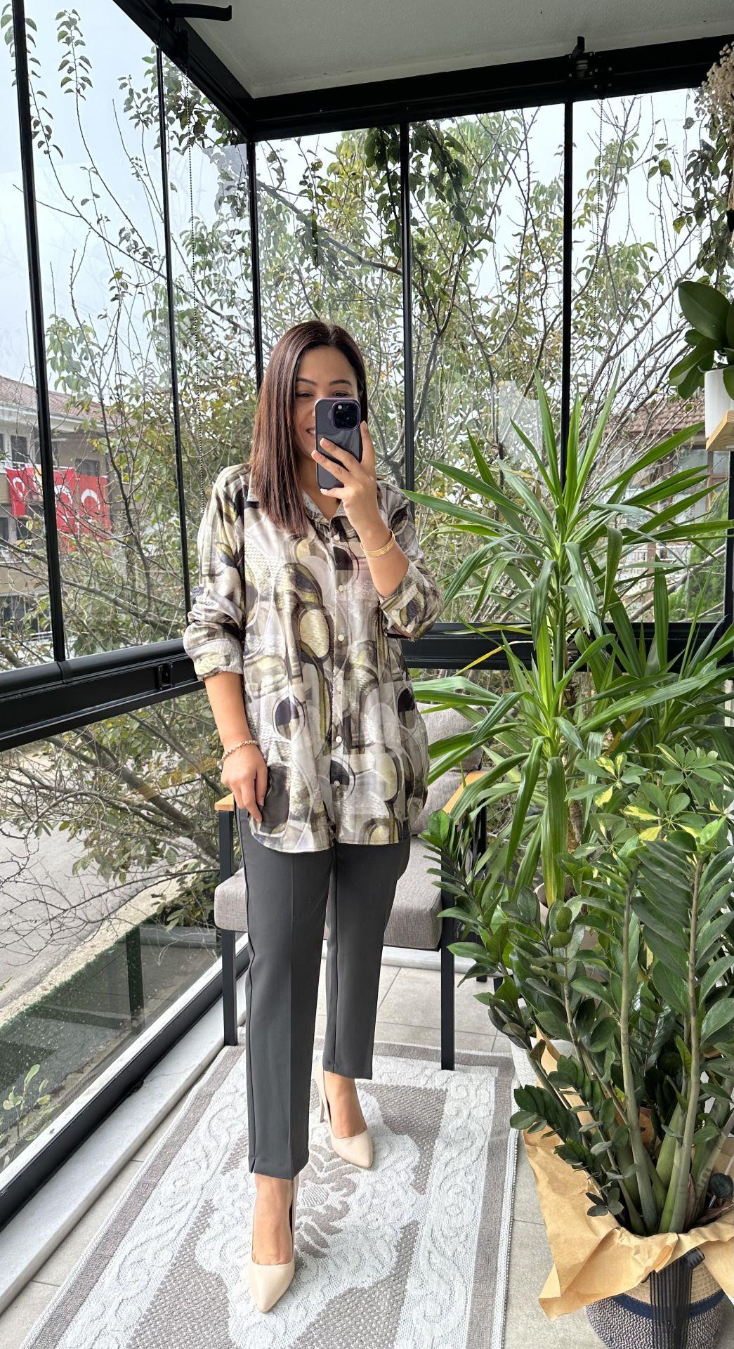 Desenli Saten Gömlek Yeşil