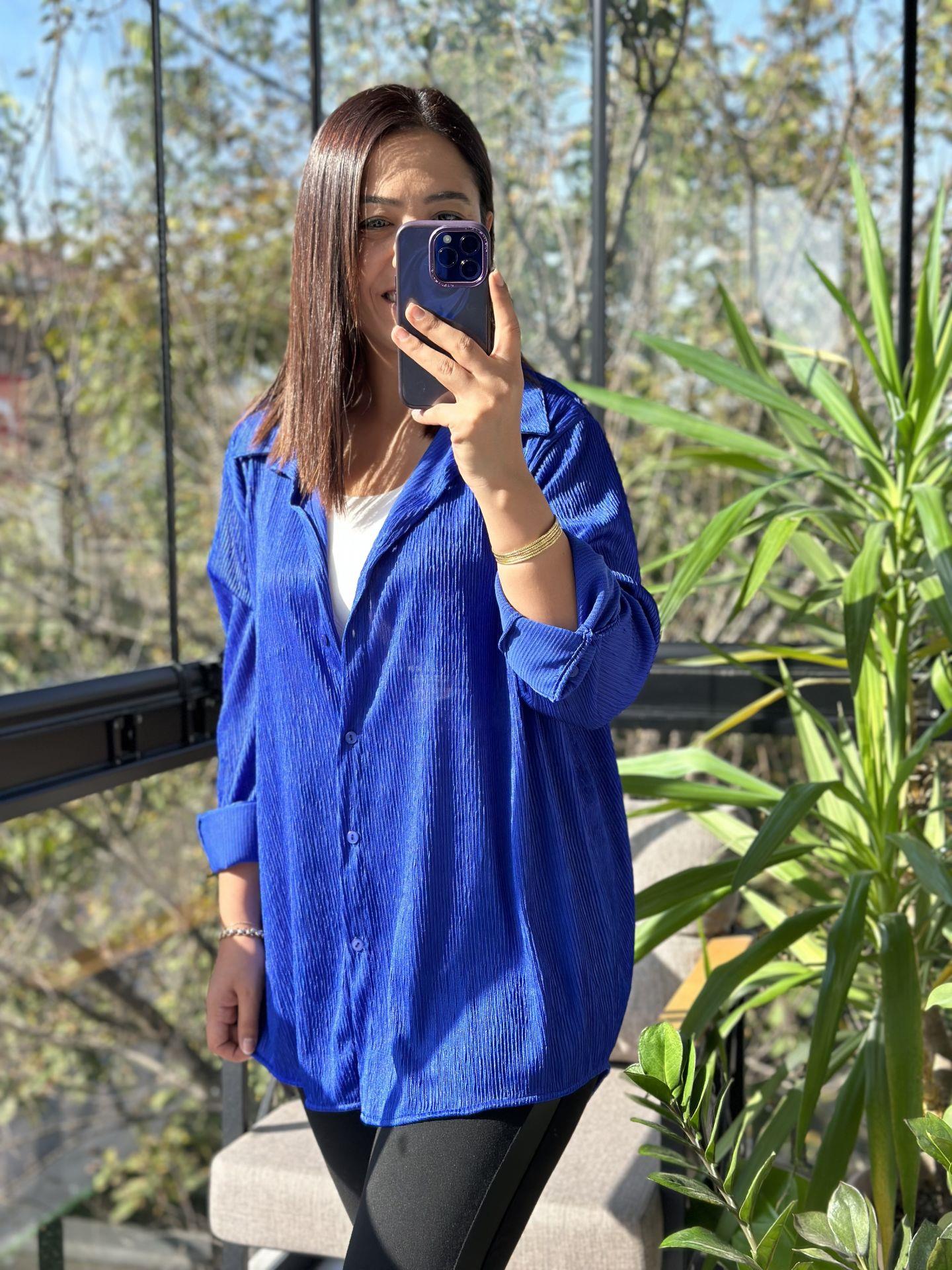 Fitilli Kadife Gömlek Sax Mavi