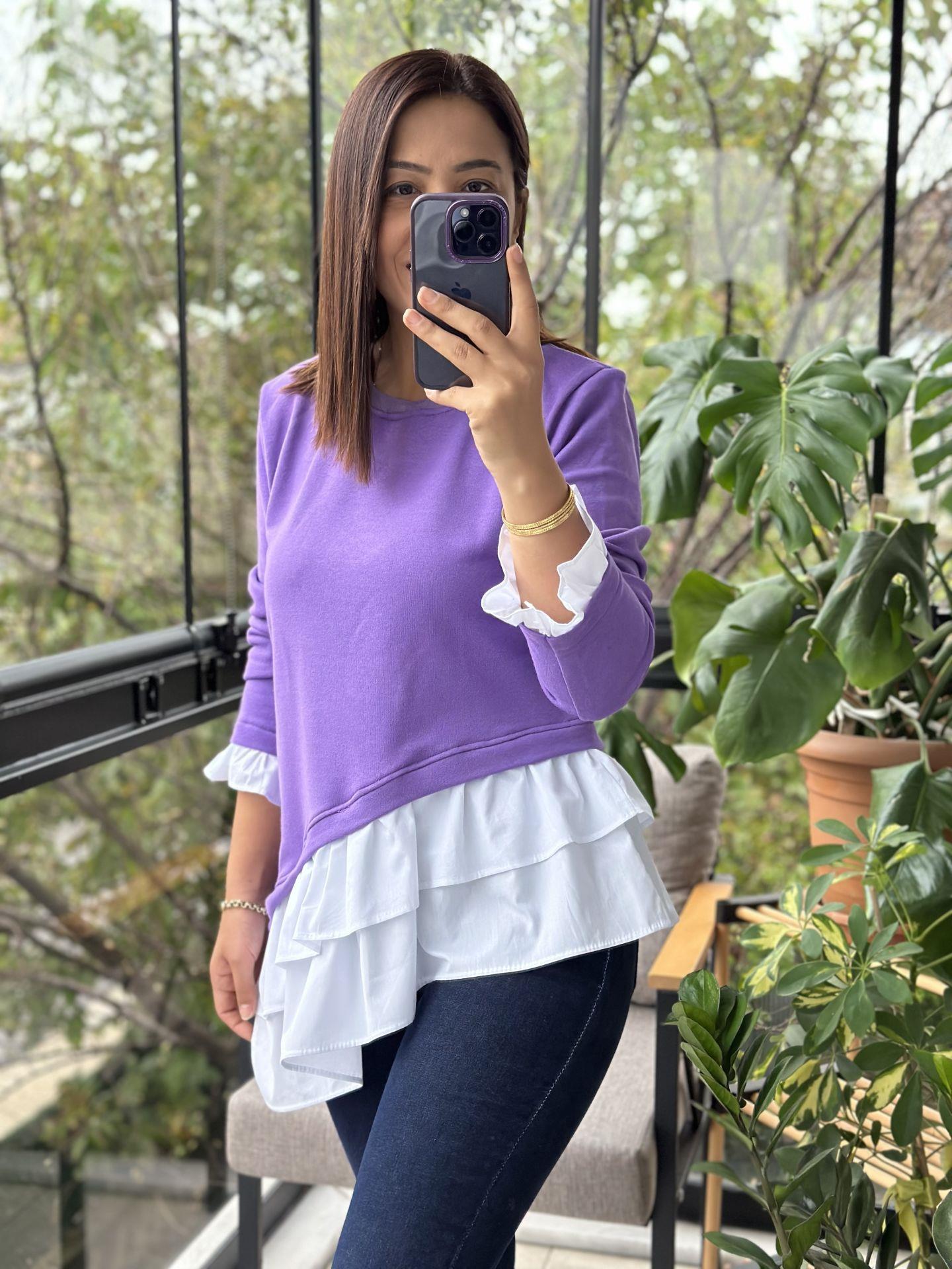 Mor Çapraz Kesim Tasarım Sweatshirt