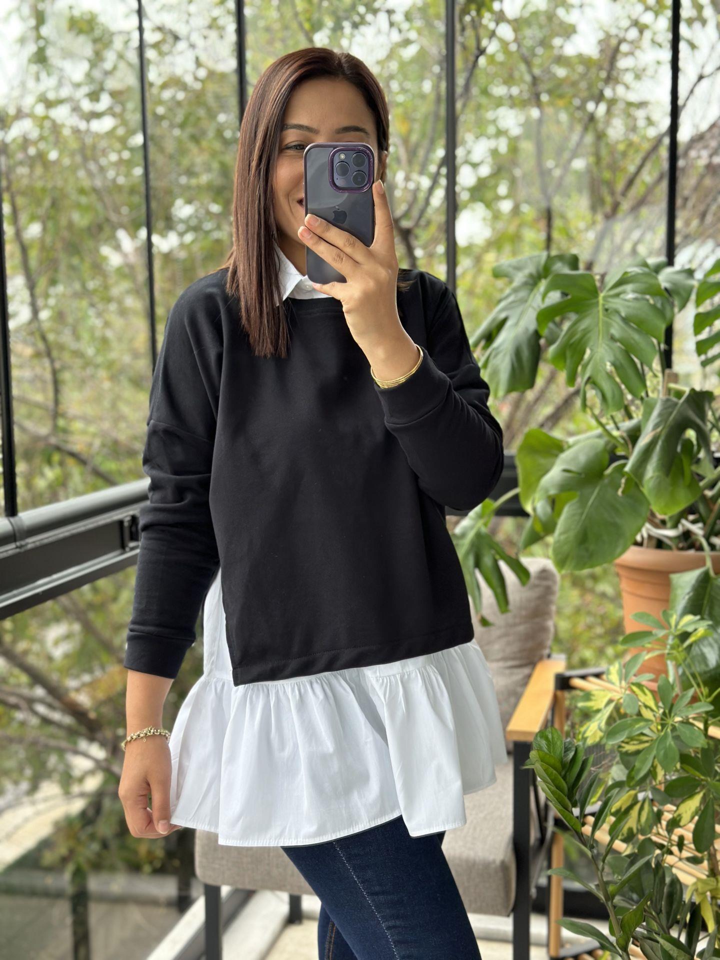 Siyah İçi Gömlekli Tasarım Sweatshirt