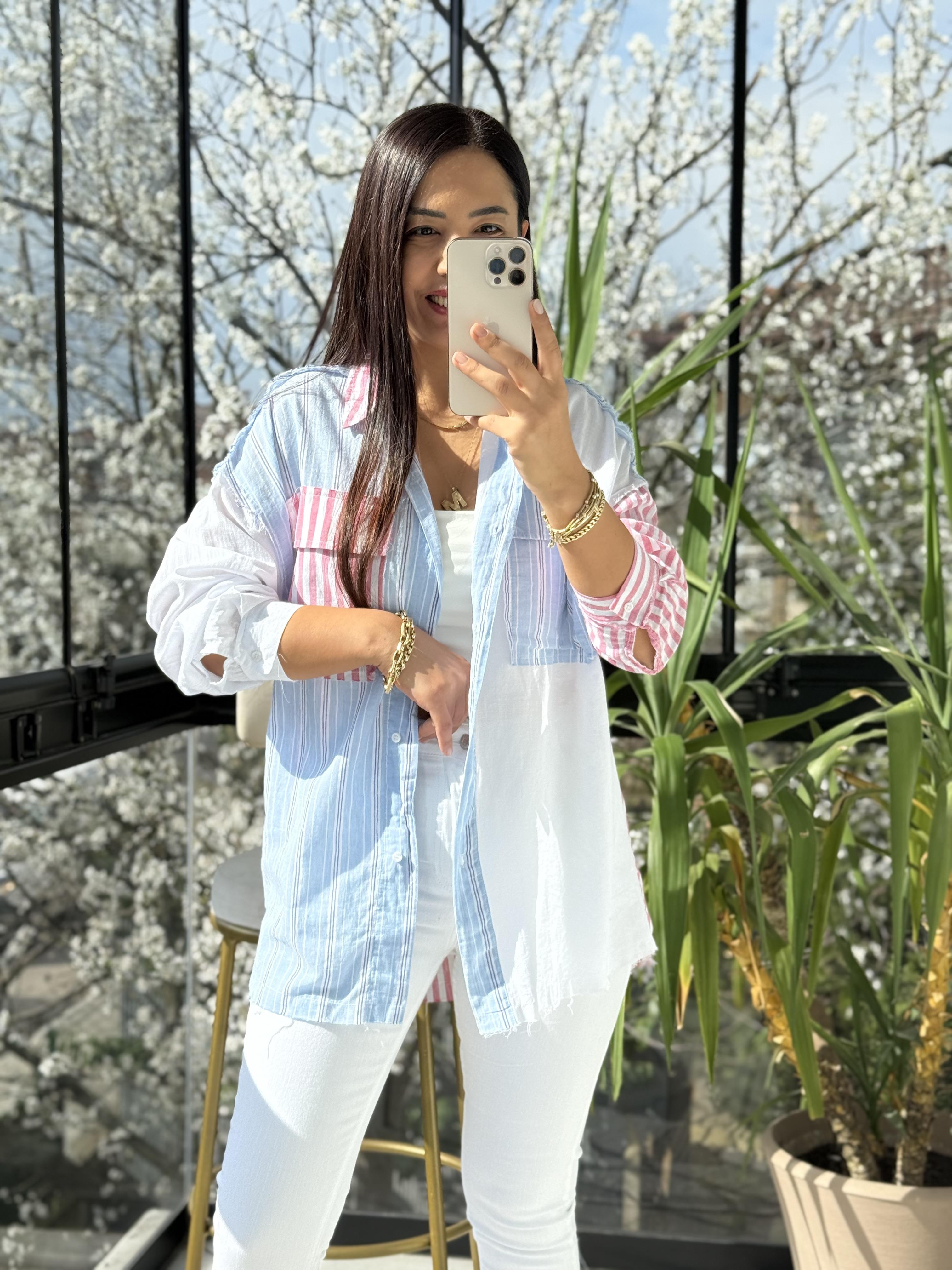 Cep Detaylı Çizgili Pamuklu Gömlek Beyaz