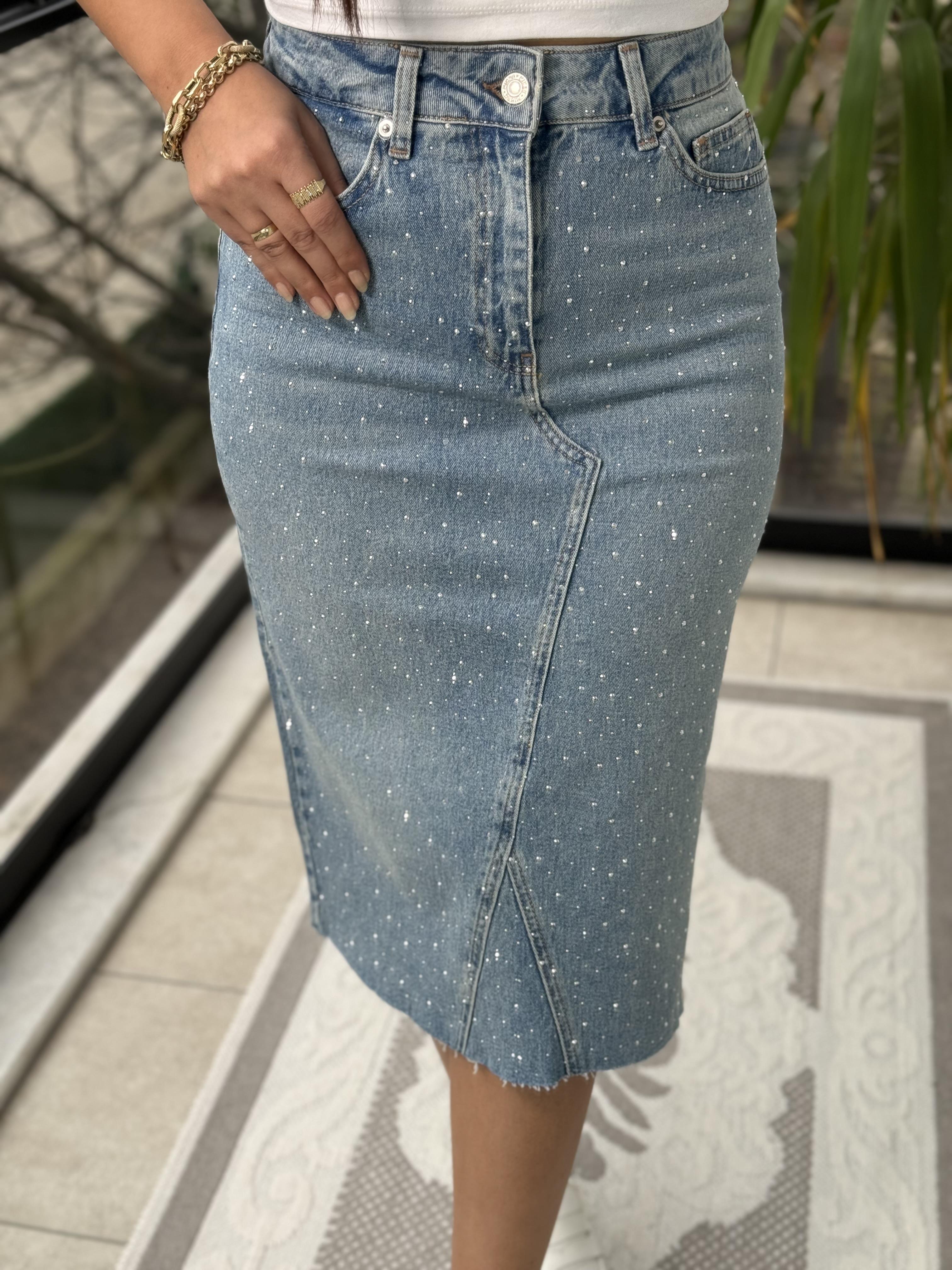 Taşlı Orta Boy Kot Etek Mavi