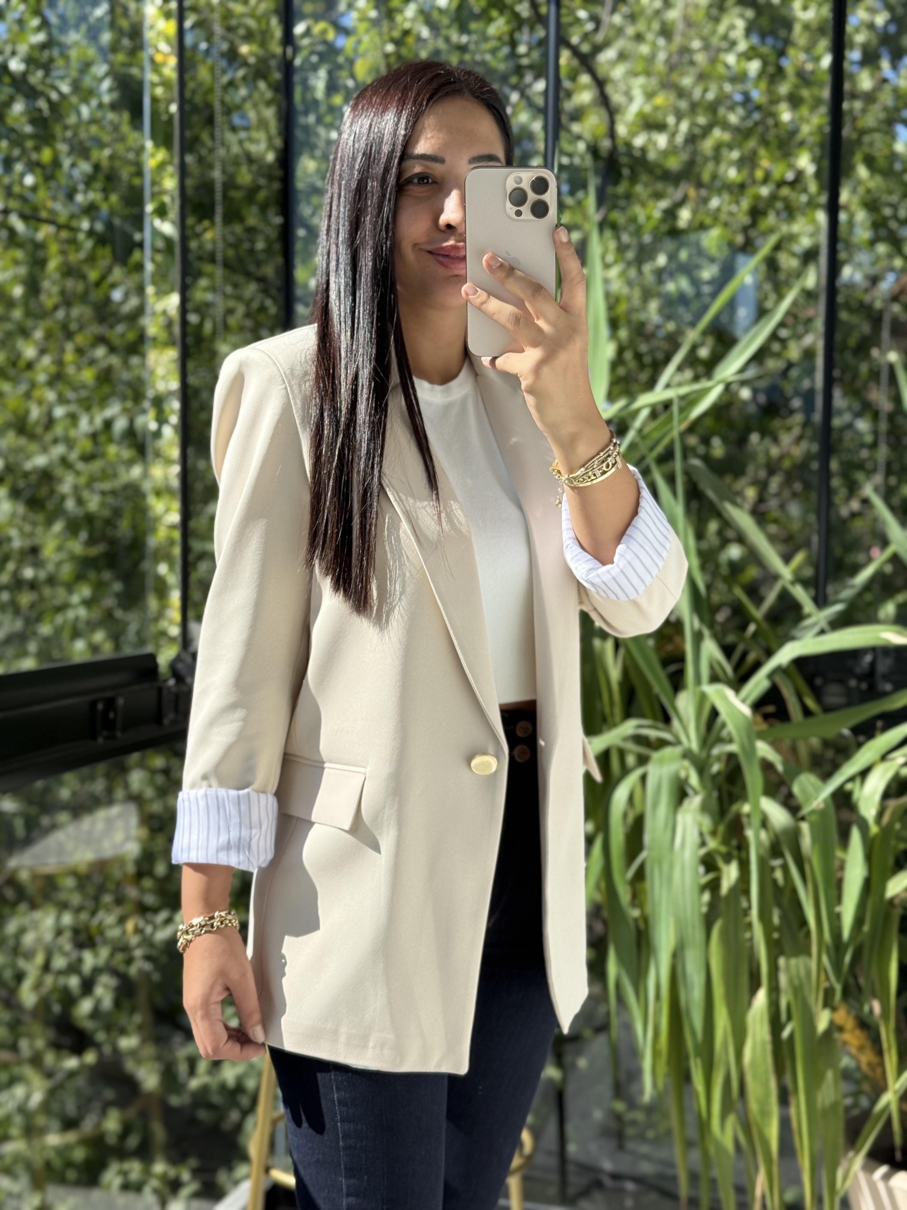 Kol Astarı Garnili Tek Düğme Blazer Ceket Taş
