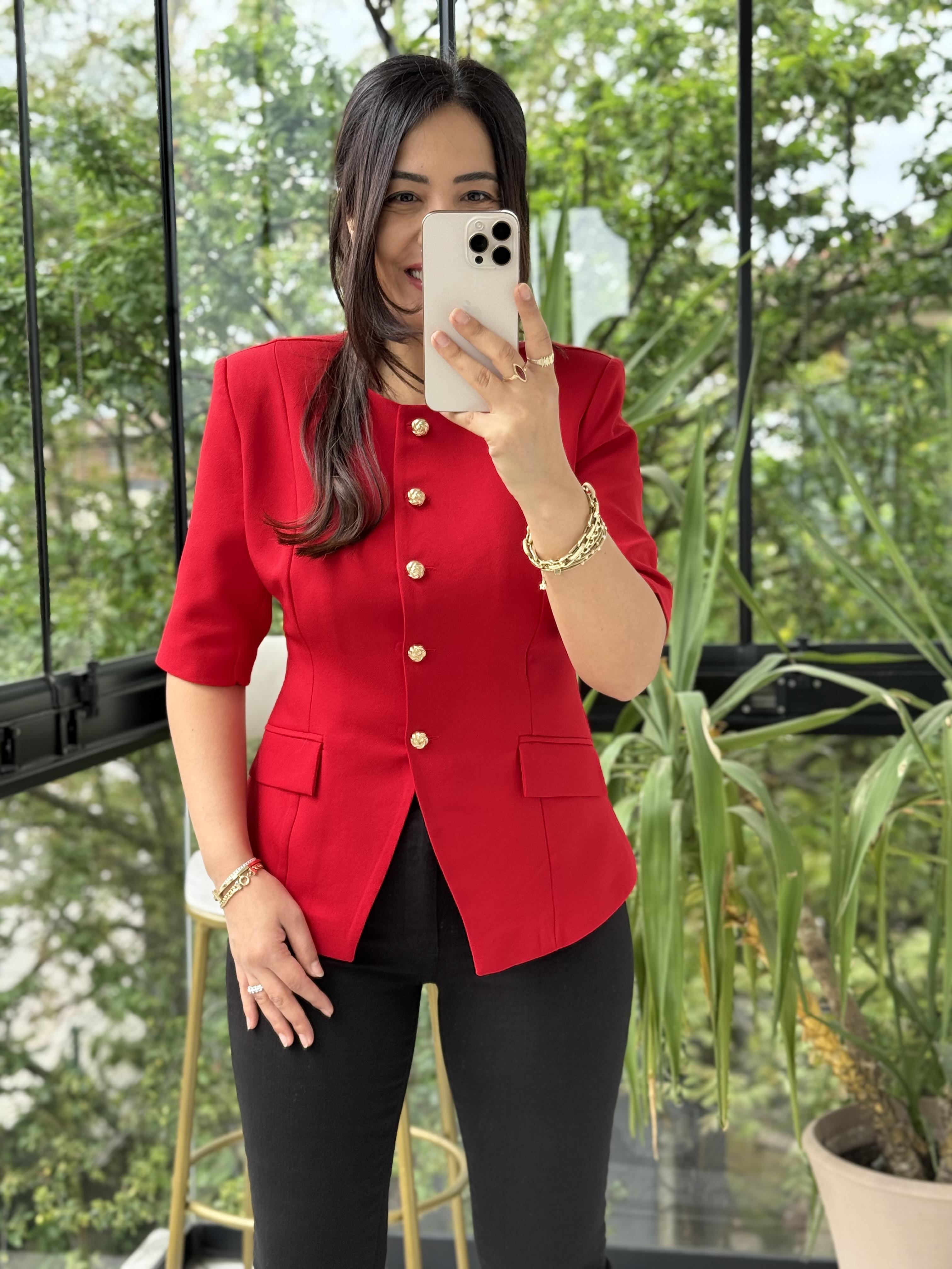 Slimfit Mini Gold Düğme Kısa Kol Blazer Kırmızı