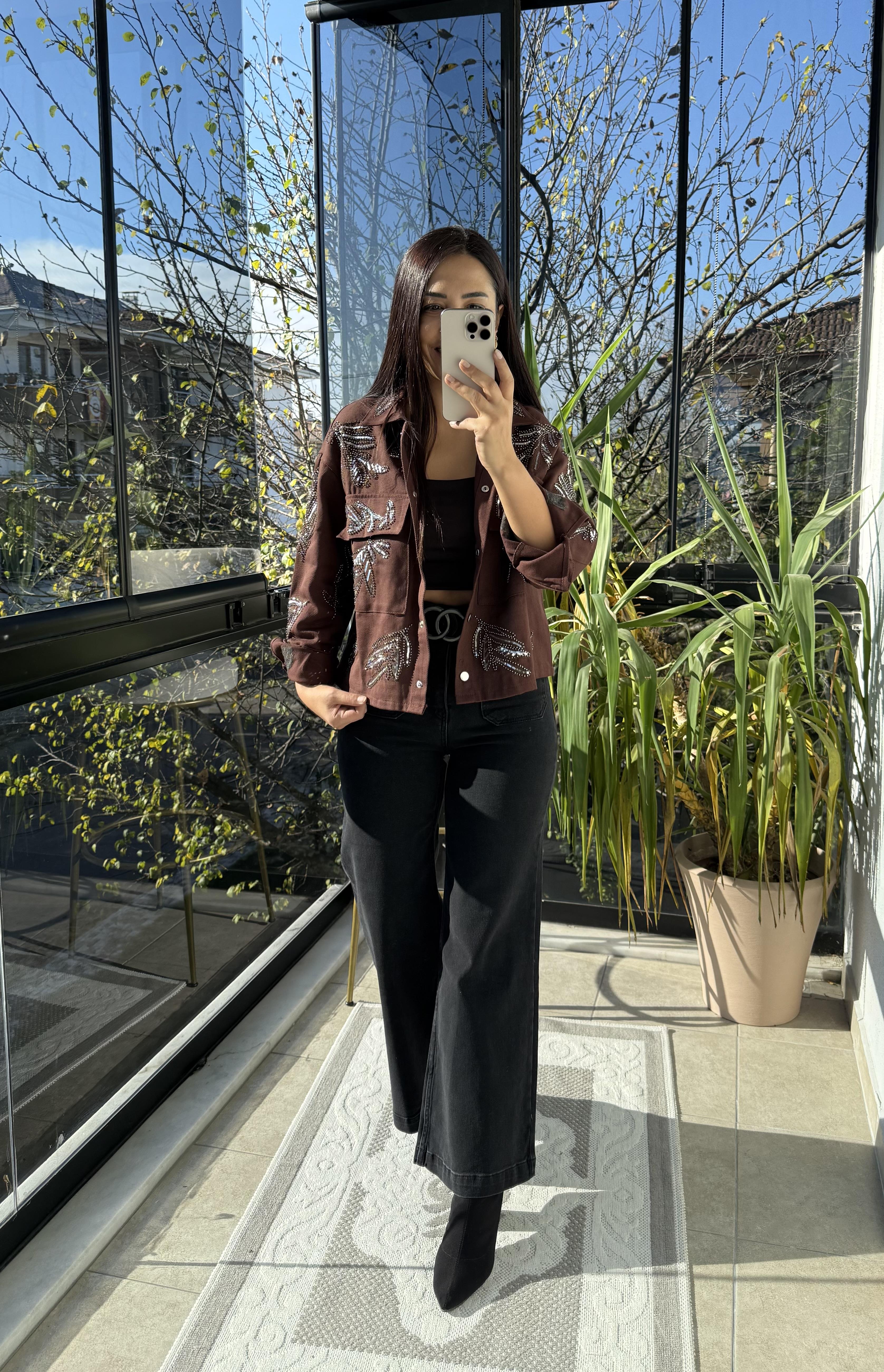 Payetli Boncuklu Kot Ceket Kahve