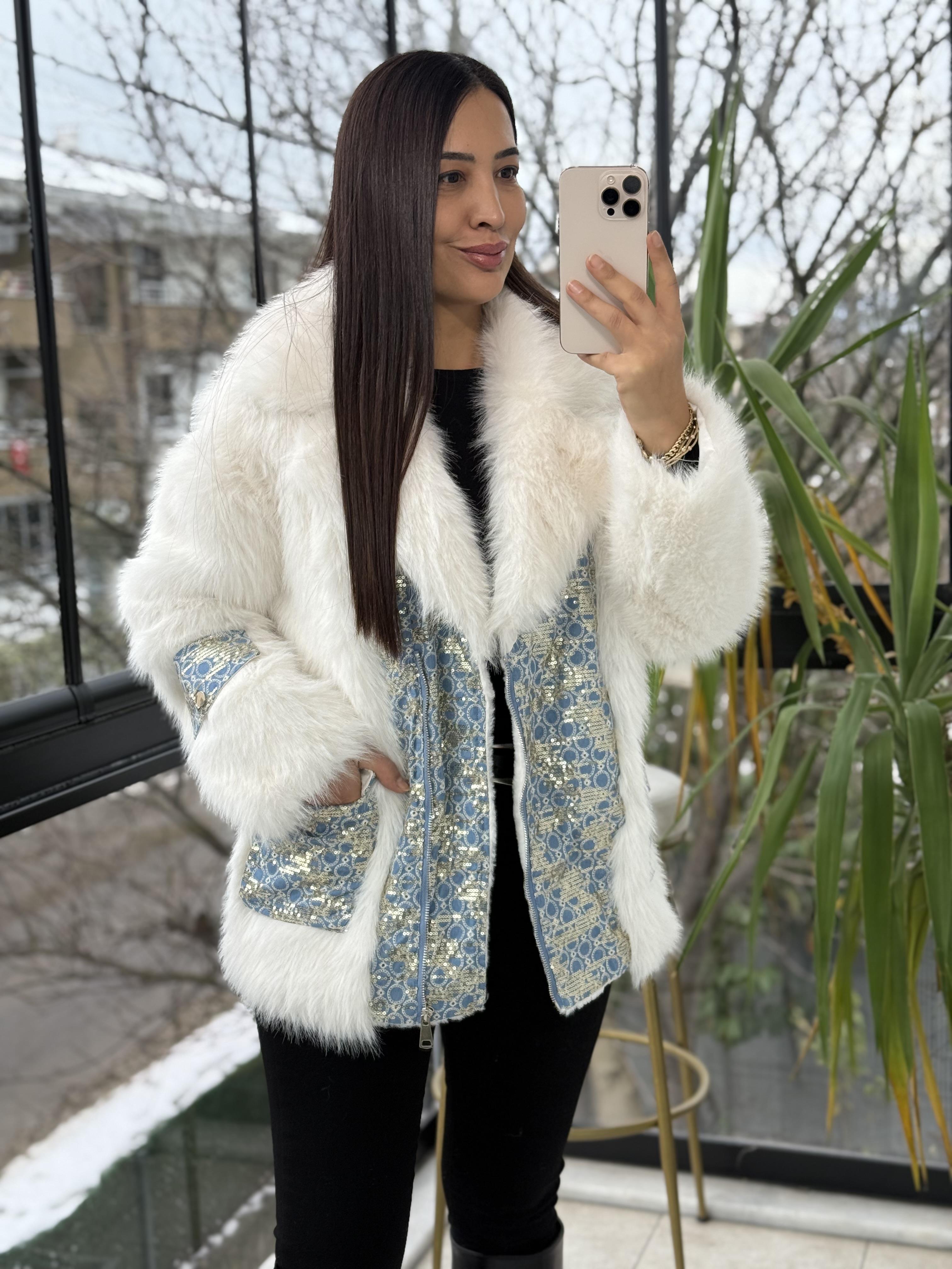 İthal Kruvaze Fermuarlı Payetli Kürk Beyaz