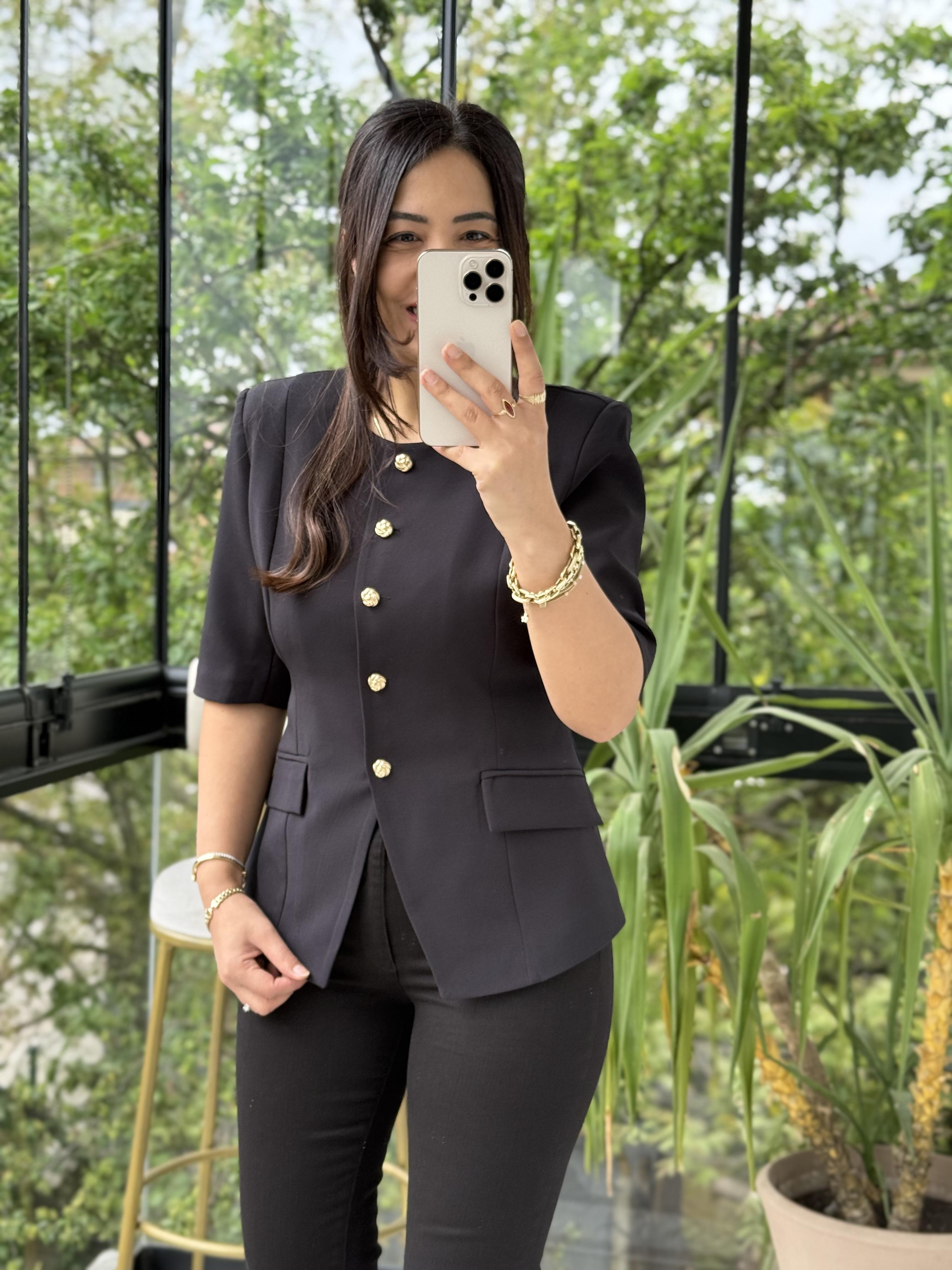 Slimfit Mini Gold Düğme Kısa Kol Blazer Siyah