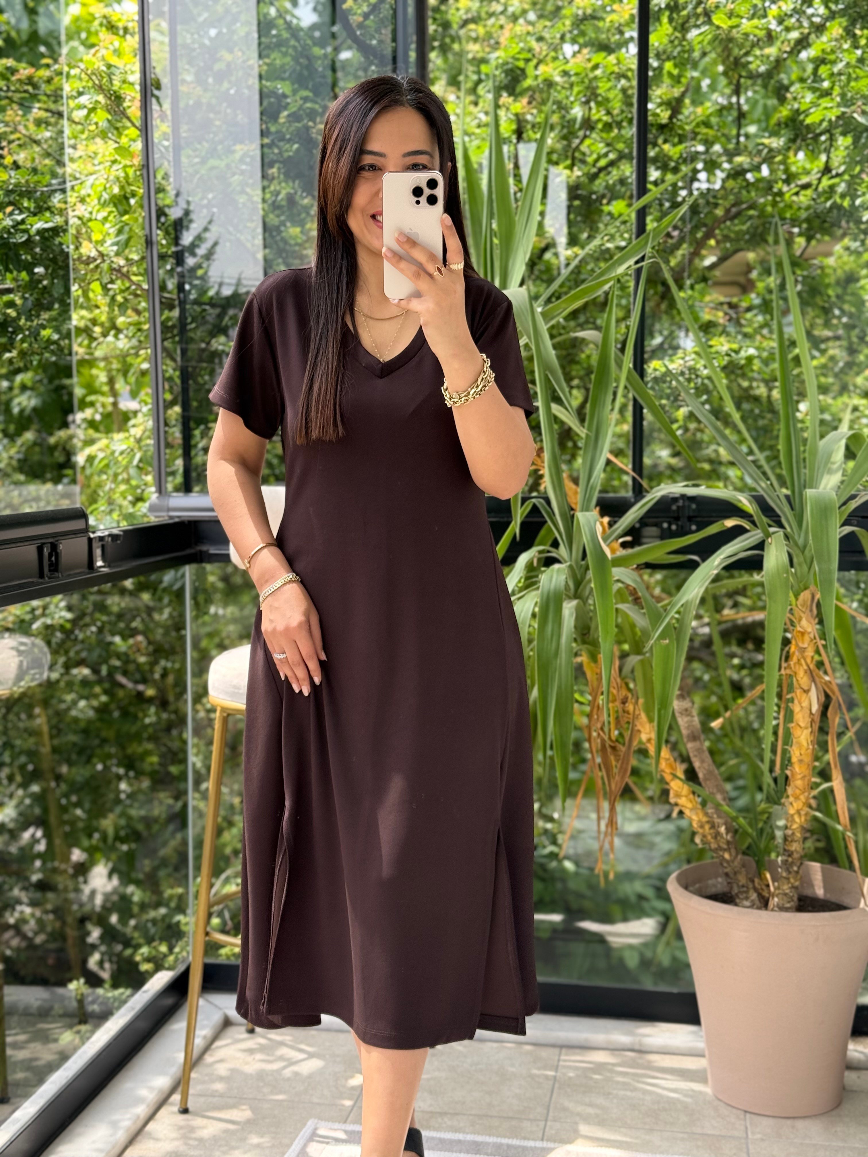 Oysh V Yaka Yırtmaçlı Elbise Kahve