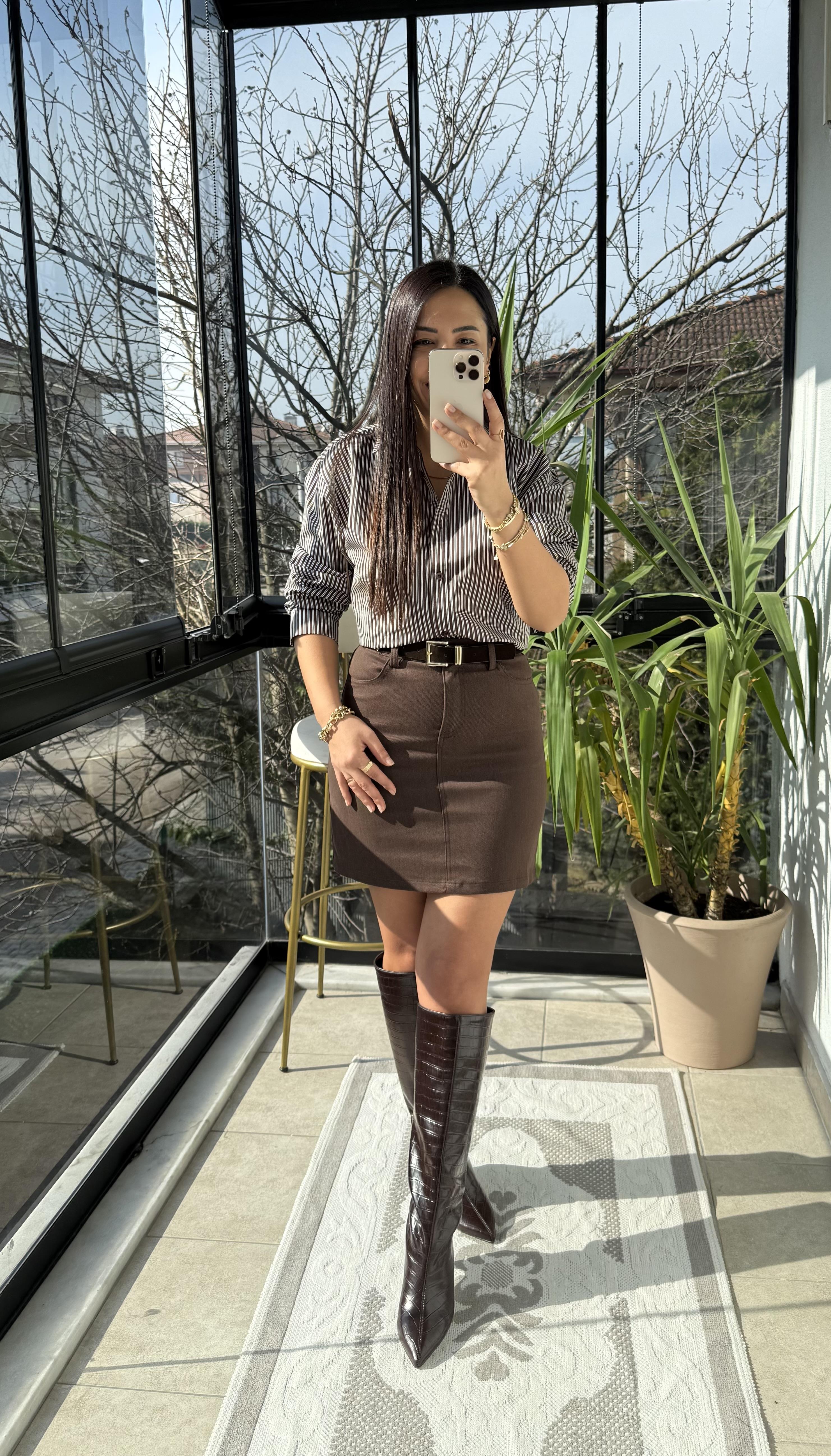 Çizgili Oversize Gömlek Kahve