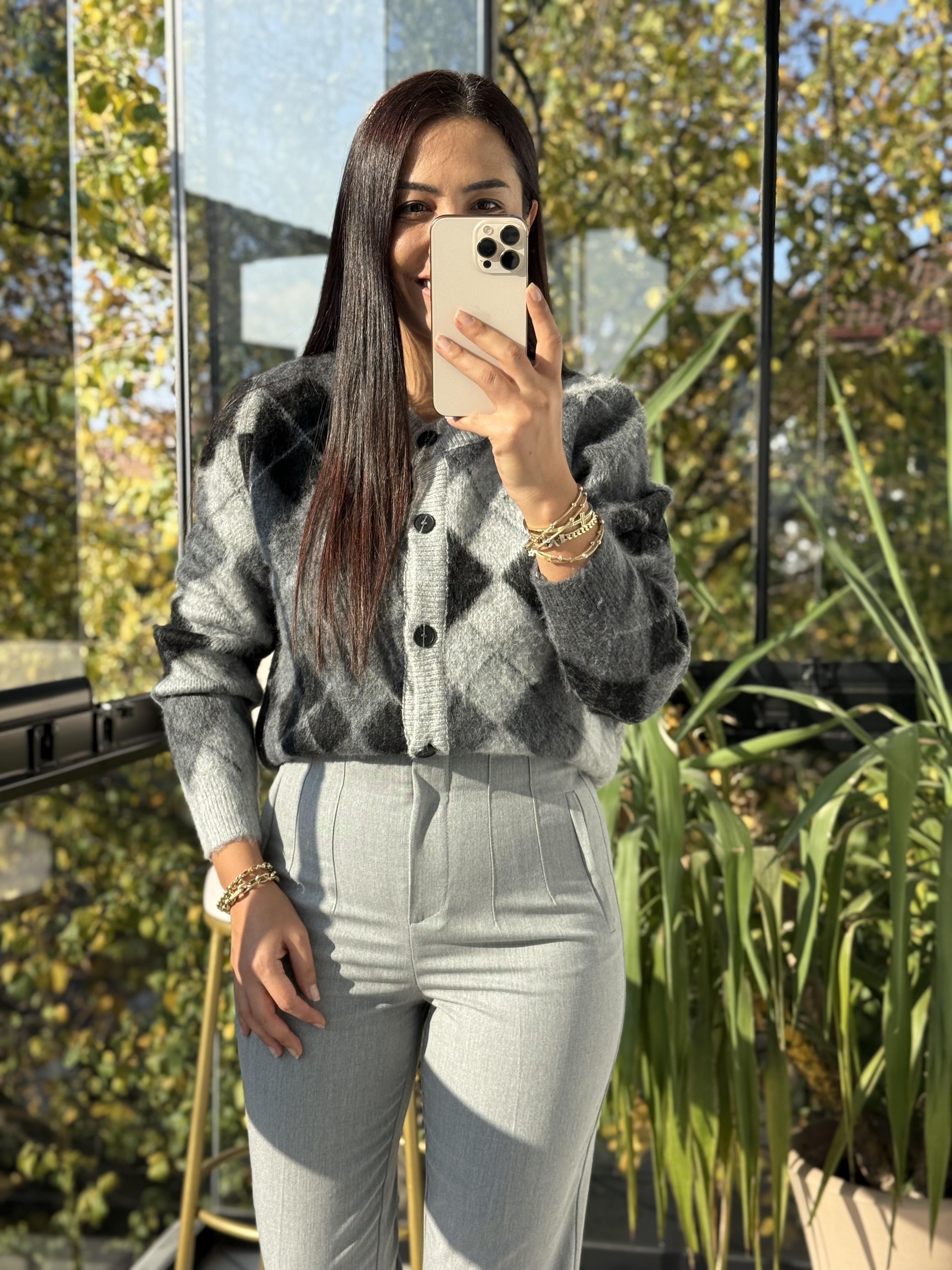 Kısa Baklava Desenli Hırka Antrasit