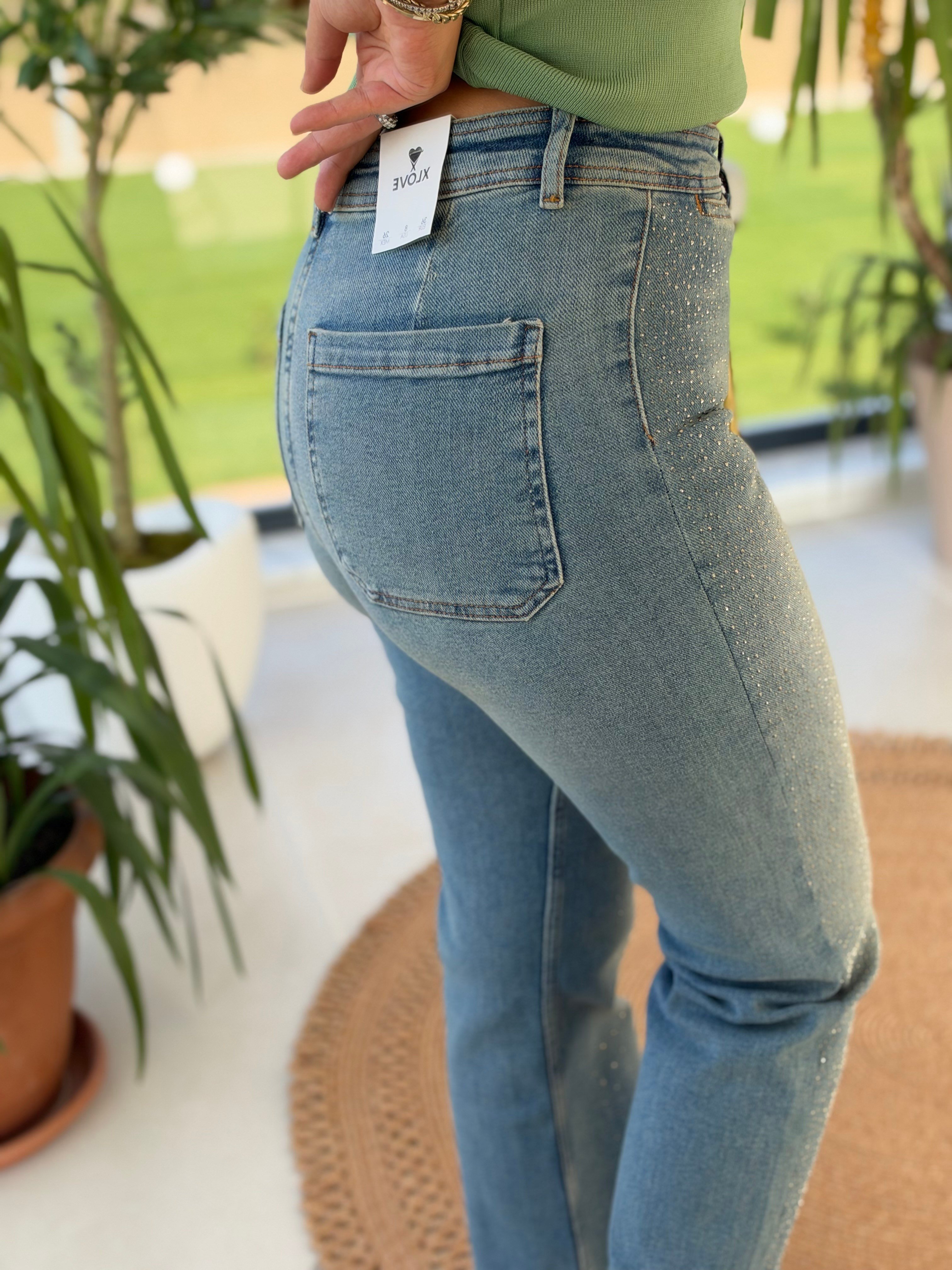 Taşlı Dekoratif Cepli Relax Pantolon Orta Mavi Tintli
