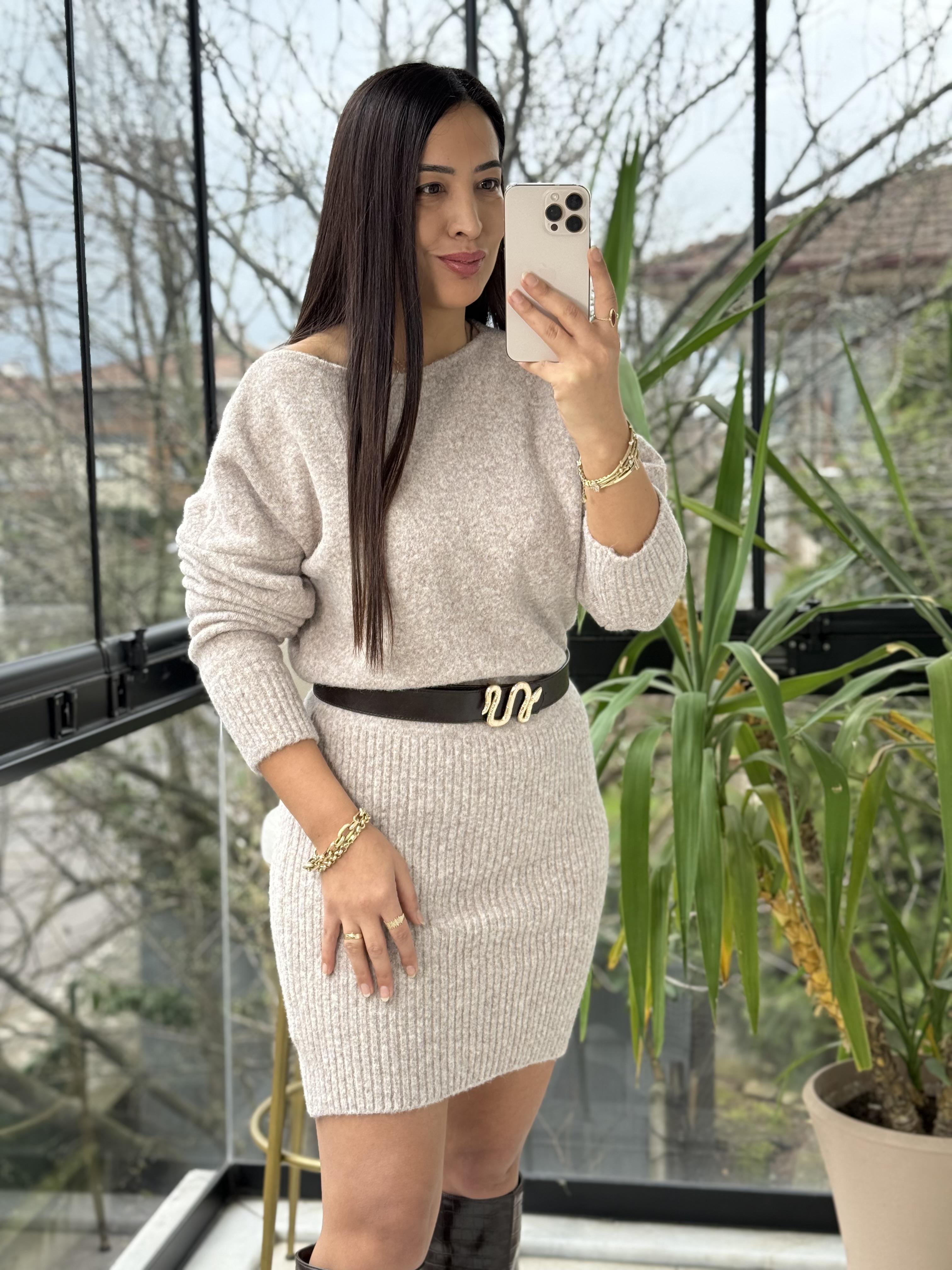 Kısa Kazak Elbise Vizon