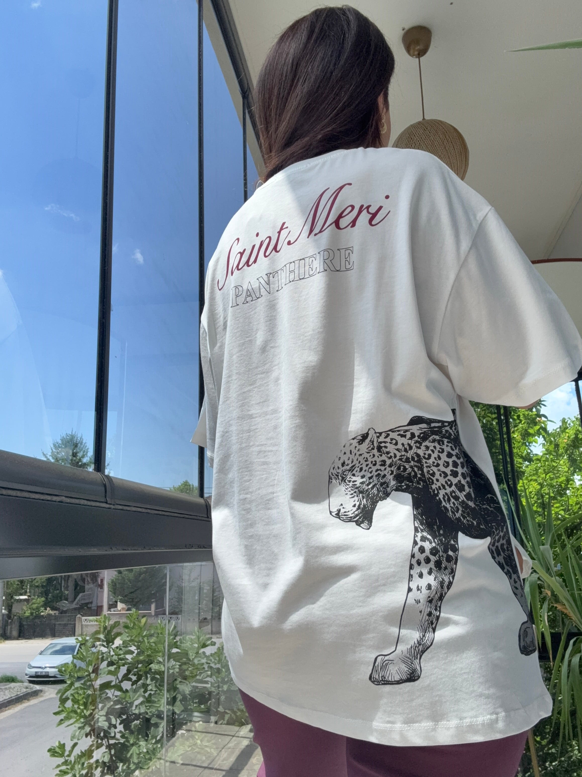 Arkası Panter Baskılı Tişört Ekru
