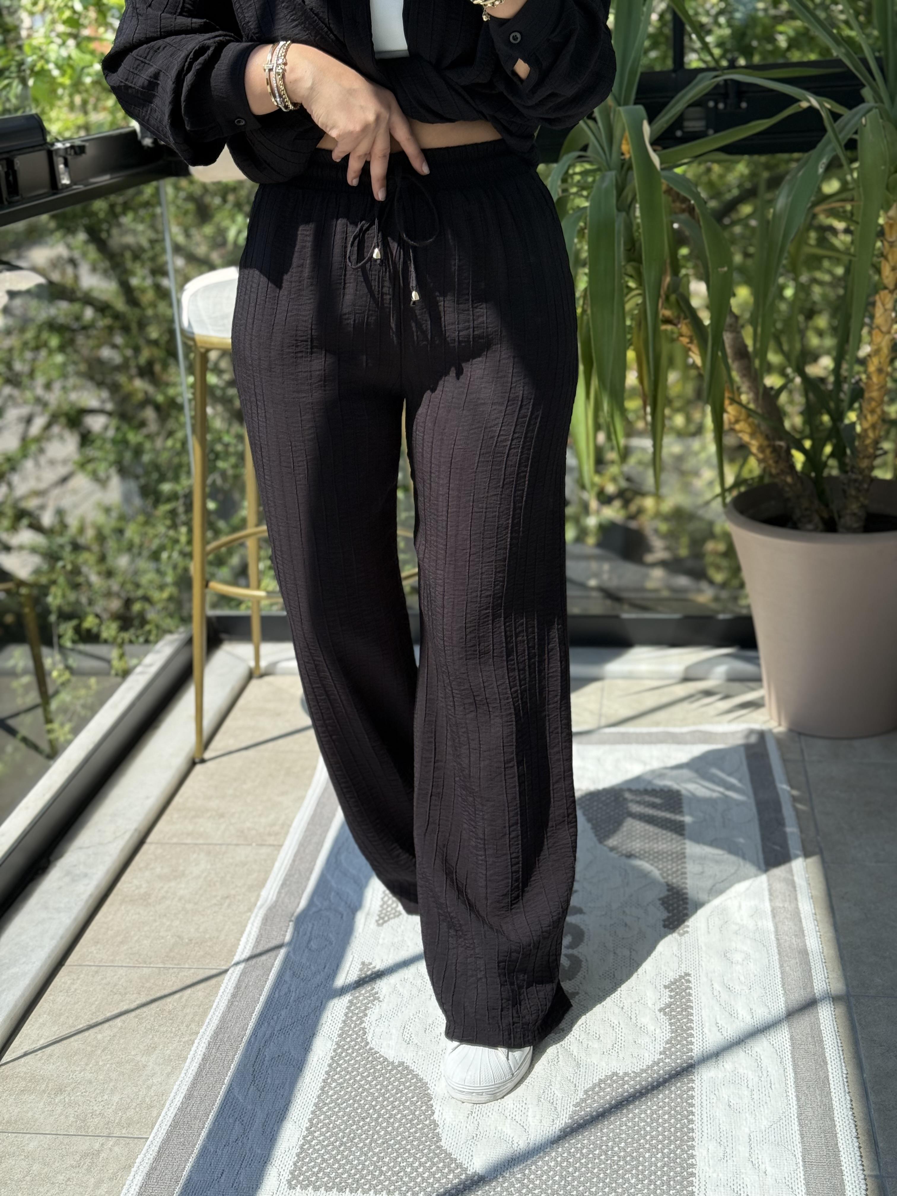 Dikiş Detaylı Palazzo Kumaş Pantolon Siyah