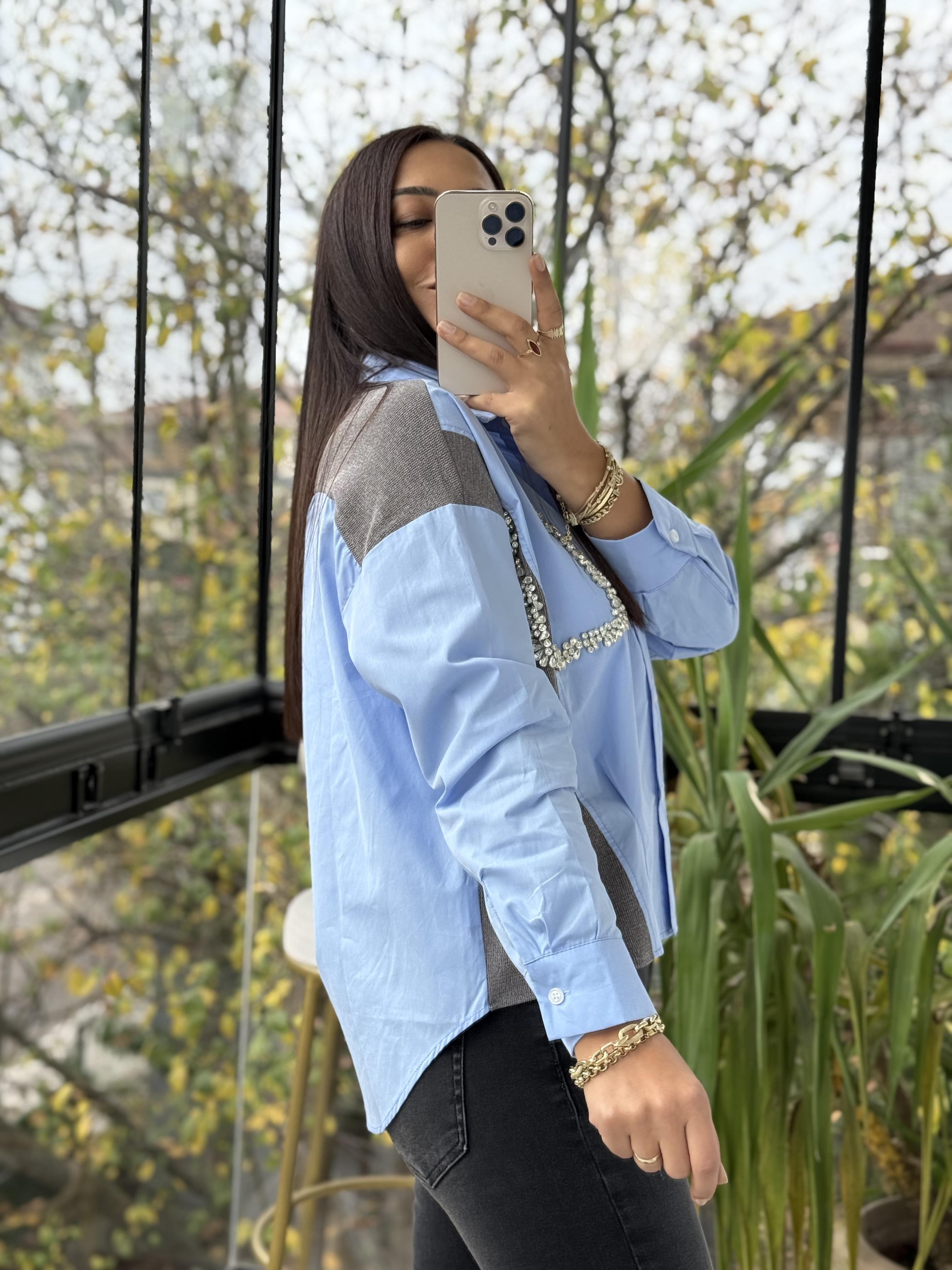 Triko Poplin Taş Detaylı Gömlek Mavi