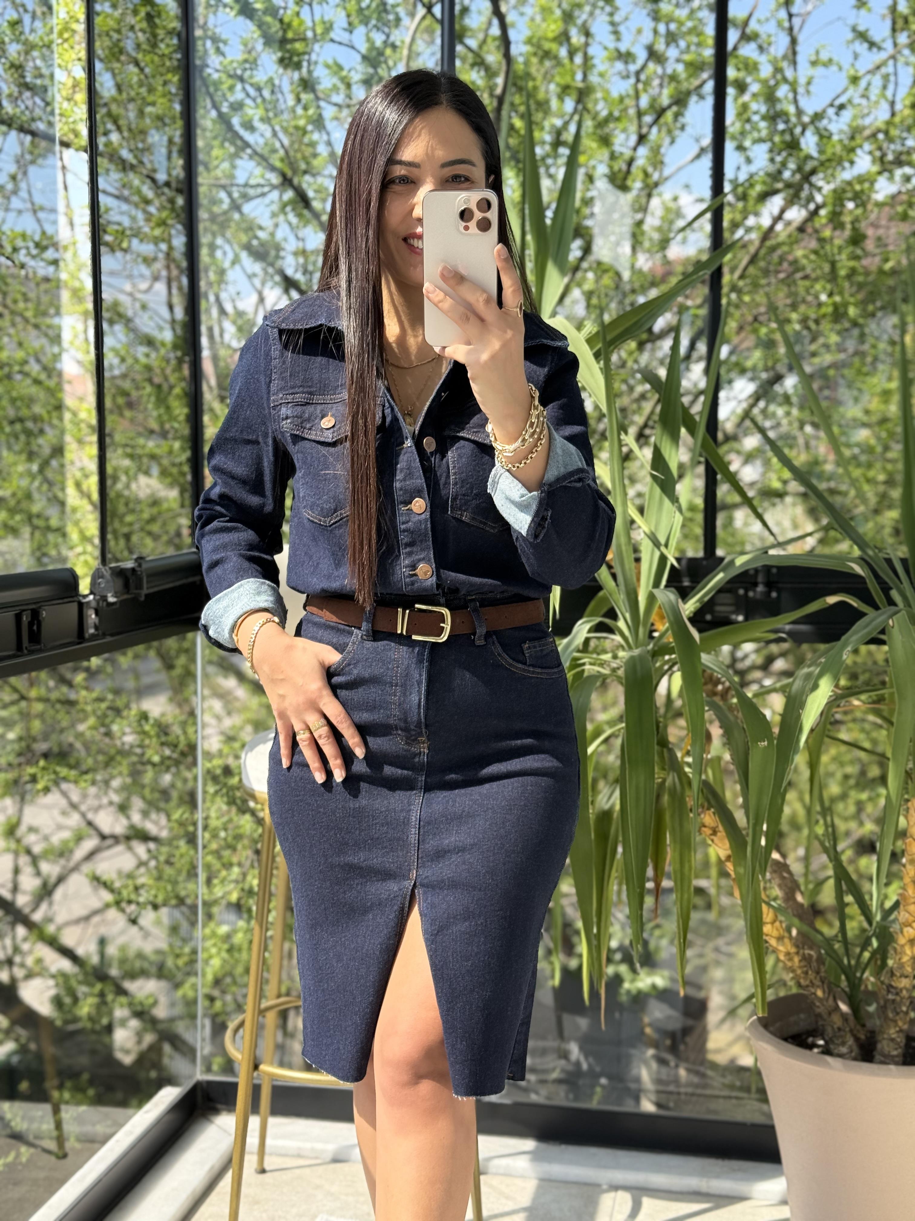 Düğmeli Gömlek Elbise Lacivert