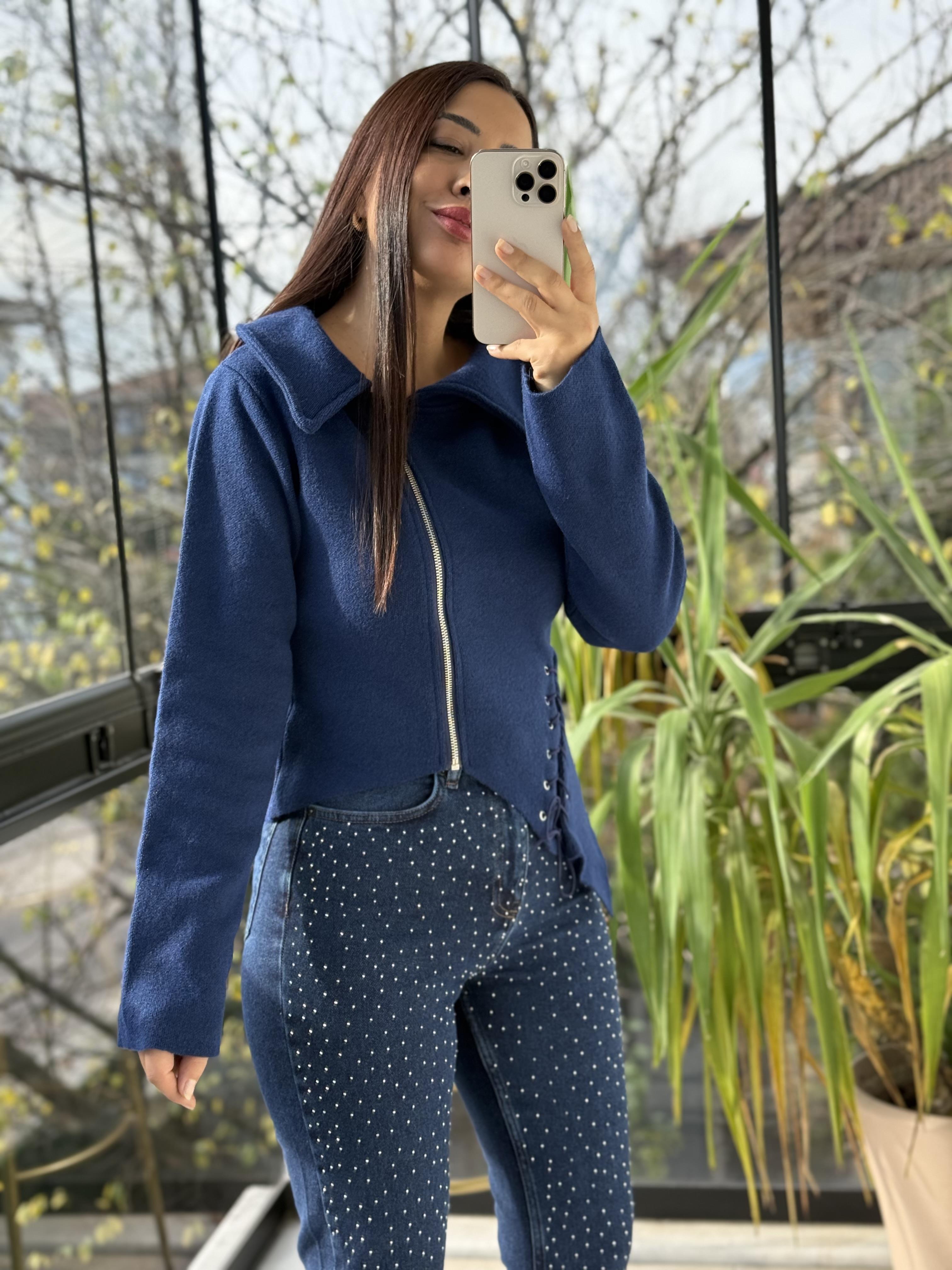 Bağcıklı Yan Yana Triko Ceket Lacivert