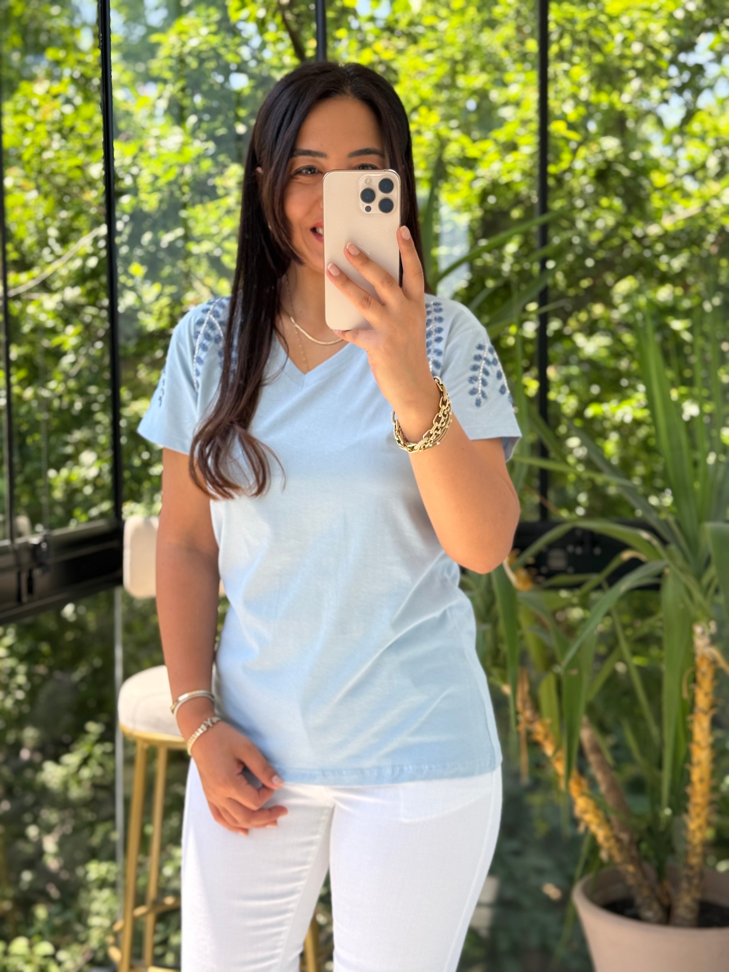 Flora Boncuk Detaylı Tişört Bebe Mavi