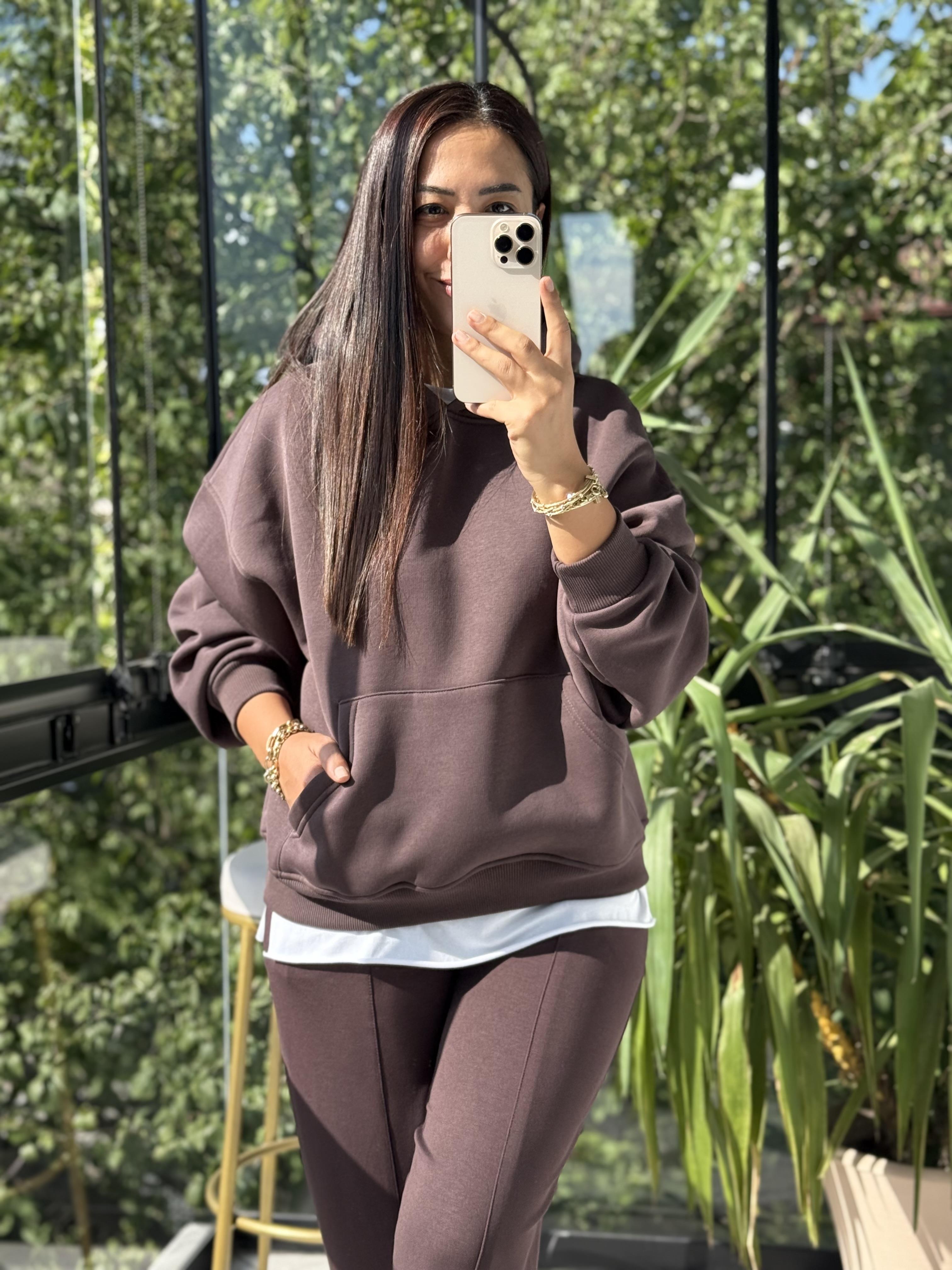 Kanguru Cep Kapşonlu Sweatshirt Kahve