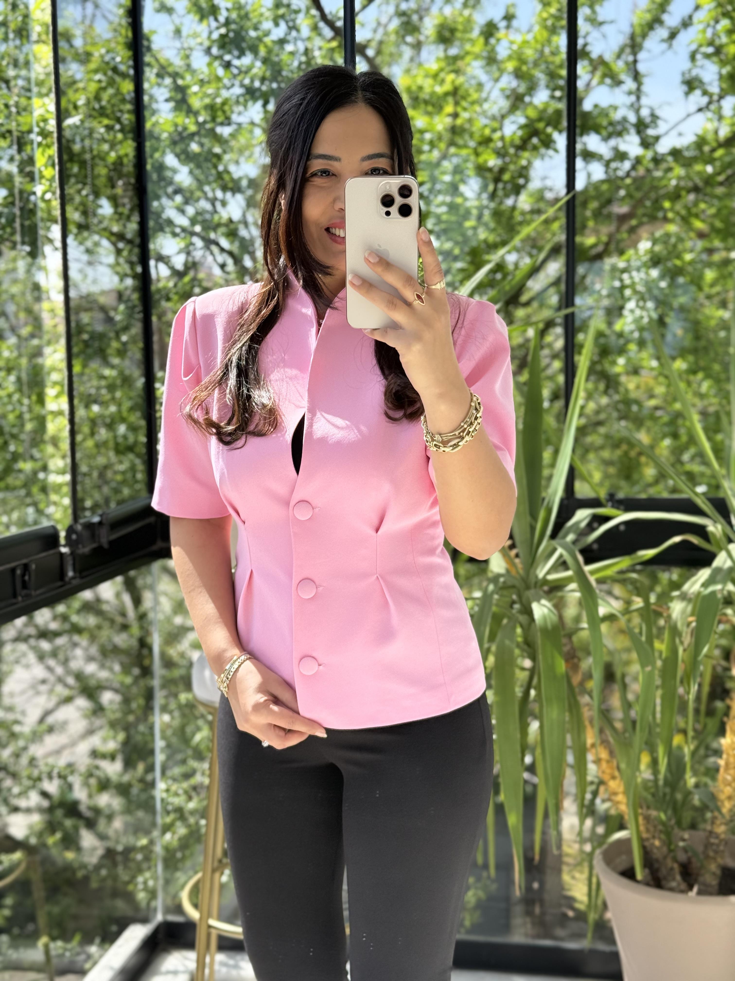 Pileli 3 Düğme Kısa Kol Ceket Pembe