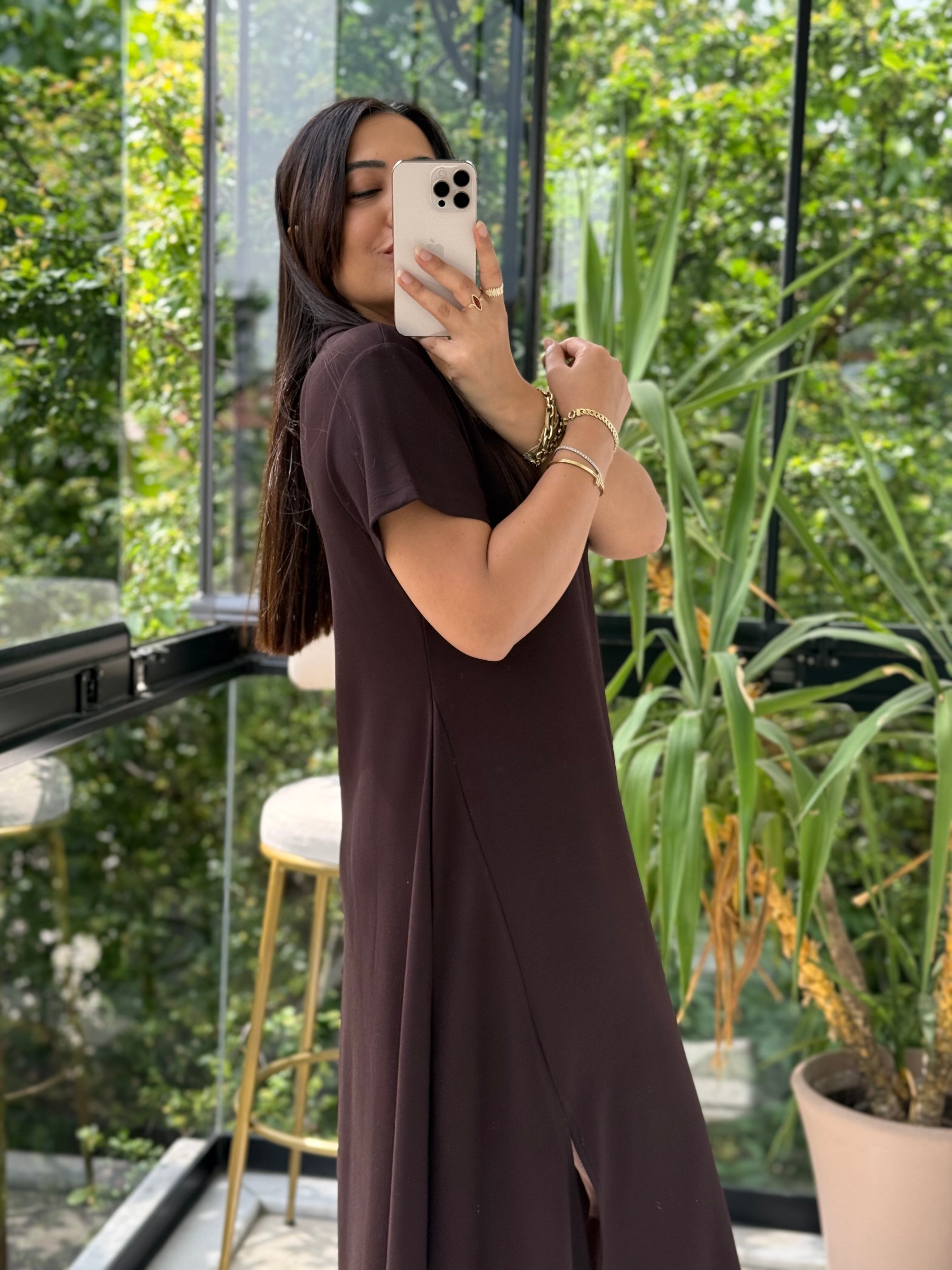 Oysh V Yaka Yırtmaçlı Elbise Kahve