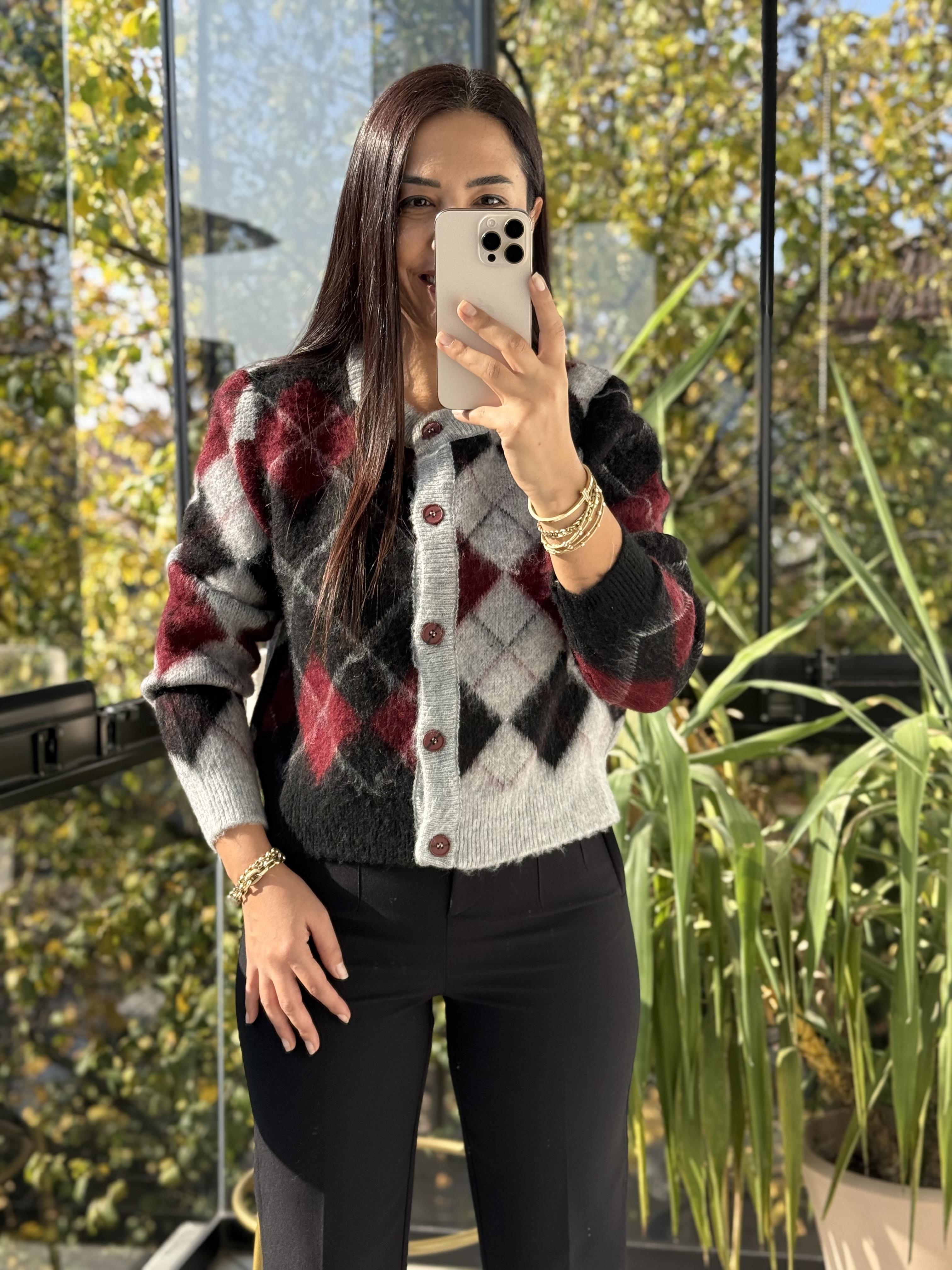 Kısa Baklava Desenli Hırka Bordo